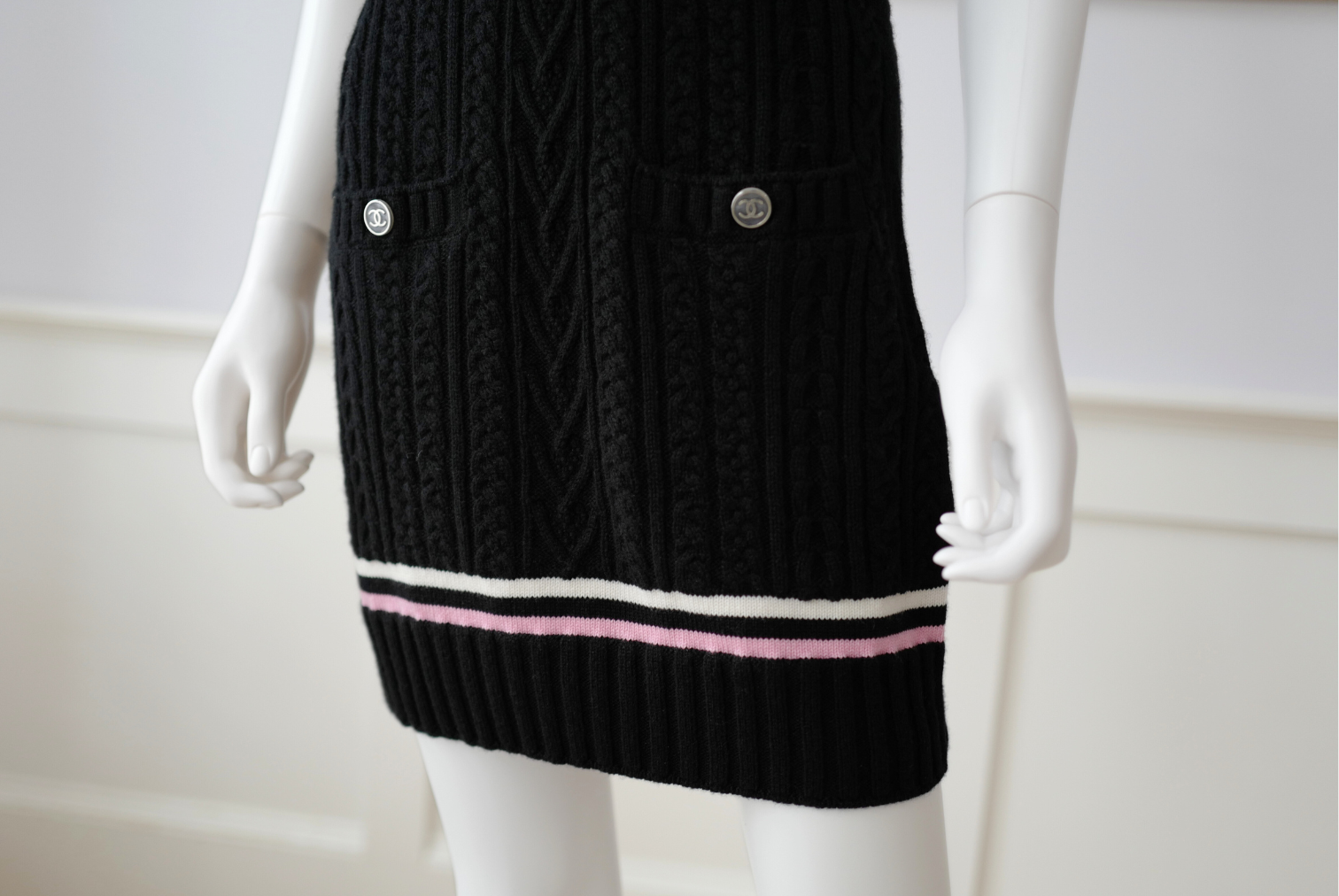 Chanel 23P RTW Tennis Knit Dress in Black, Pink and Ecru Strip Details 36