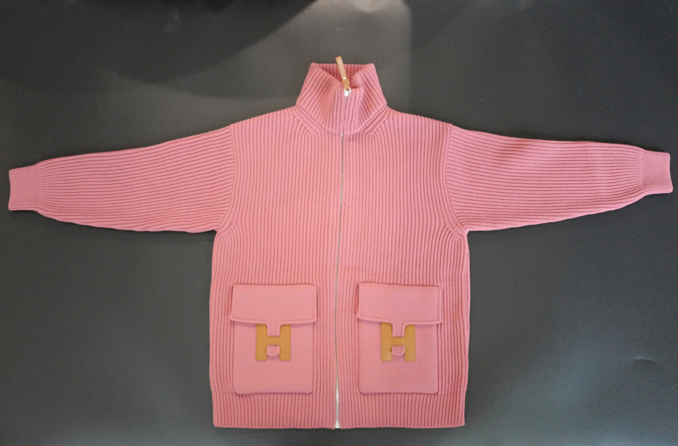 NEW Hermès Blouson Cardigan Jacket Rose Sorbet Wool with H Pockets Size 36