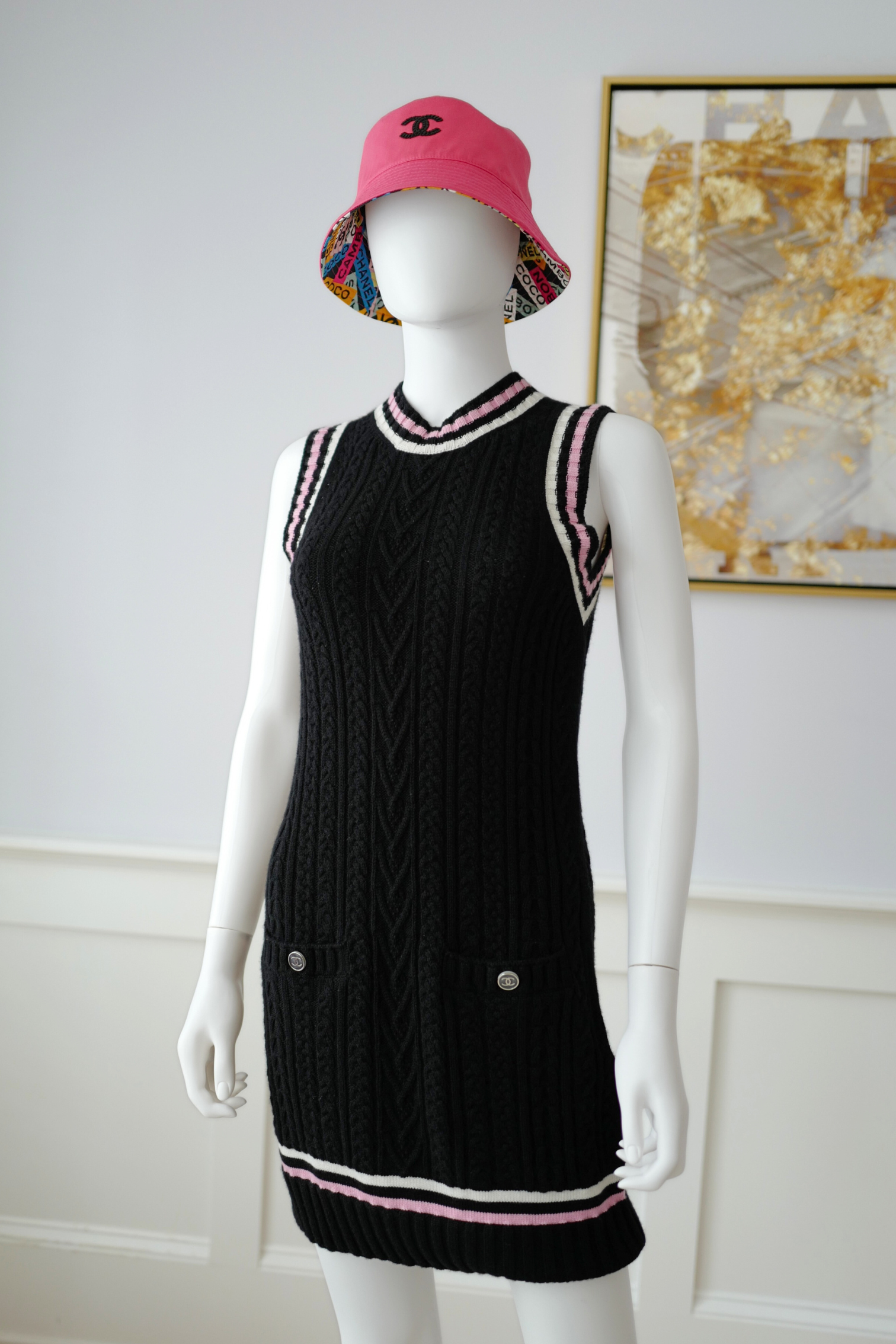 Chanel 23P RTW Tennis Knit Dress in Black, Pink and Ecru Strip Details 36