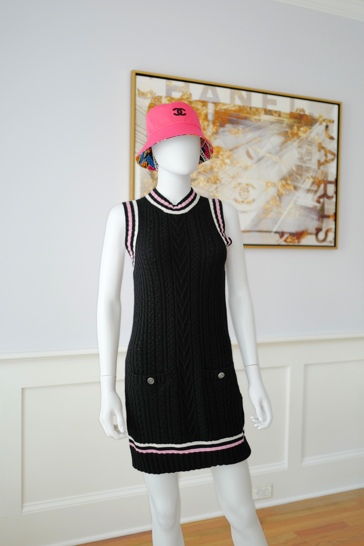 Chanel 23P RTW Tennis Knit Dress in Black, Pink and Ecru Strip Details 36