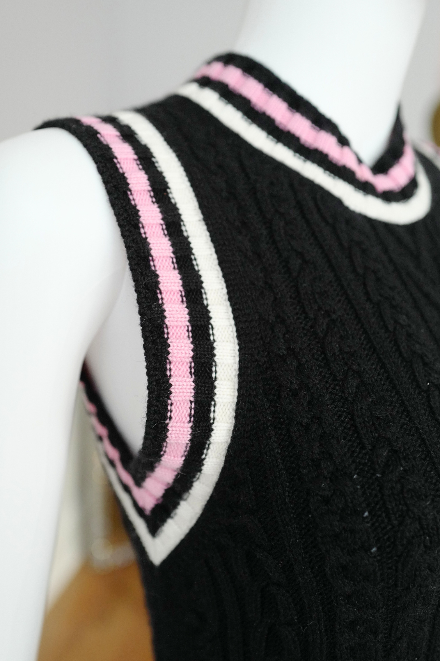 Chanel 23P RTW Tennis Knit Dress in Black, Pink and Ecru Strip Details 36