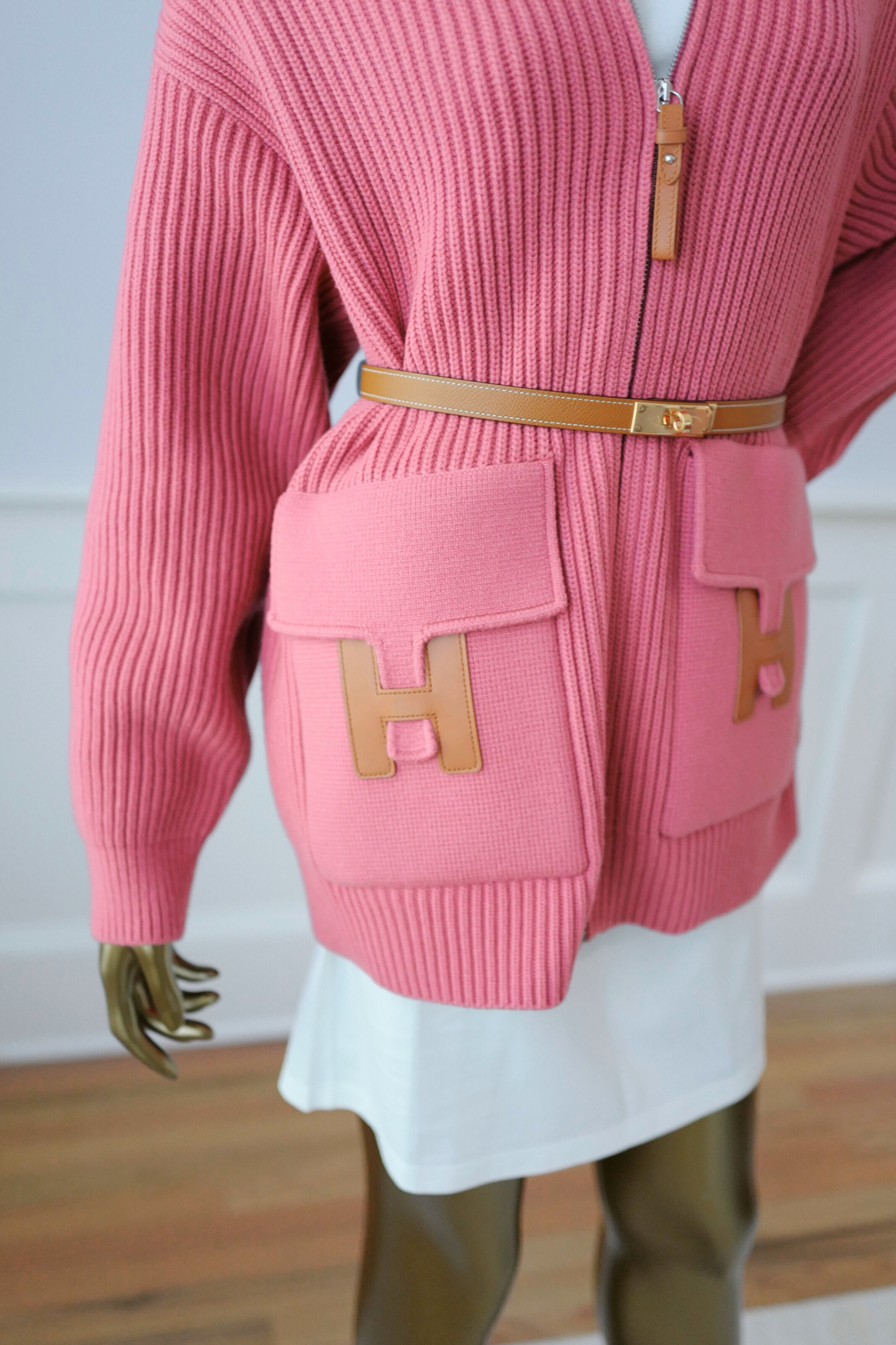 NEW Hermès Blouson Cardigan Jacket Rose Sorbet Wool with H Pockets Size 36