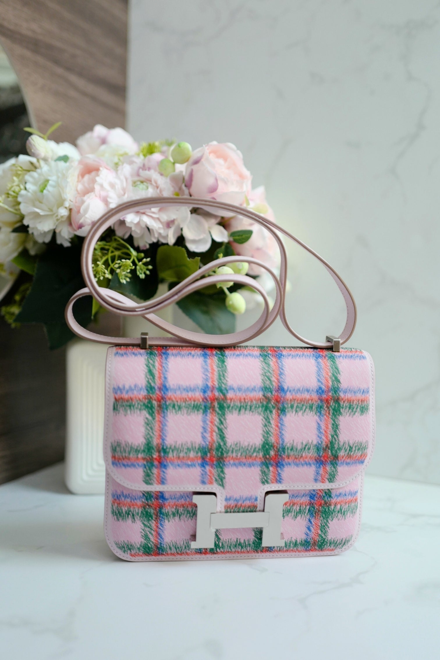BNIB Hermès Constance 18 Mirror Tartan Pink Leather Shoulder Bag Palladium Hardware