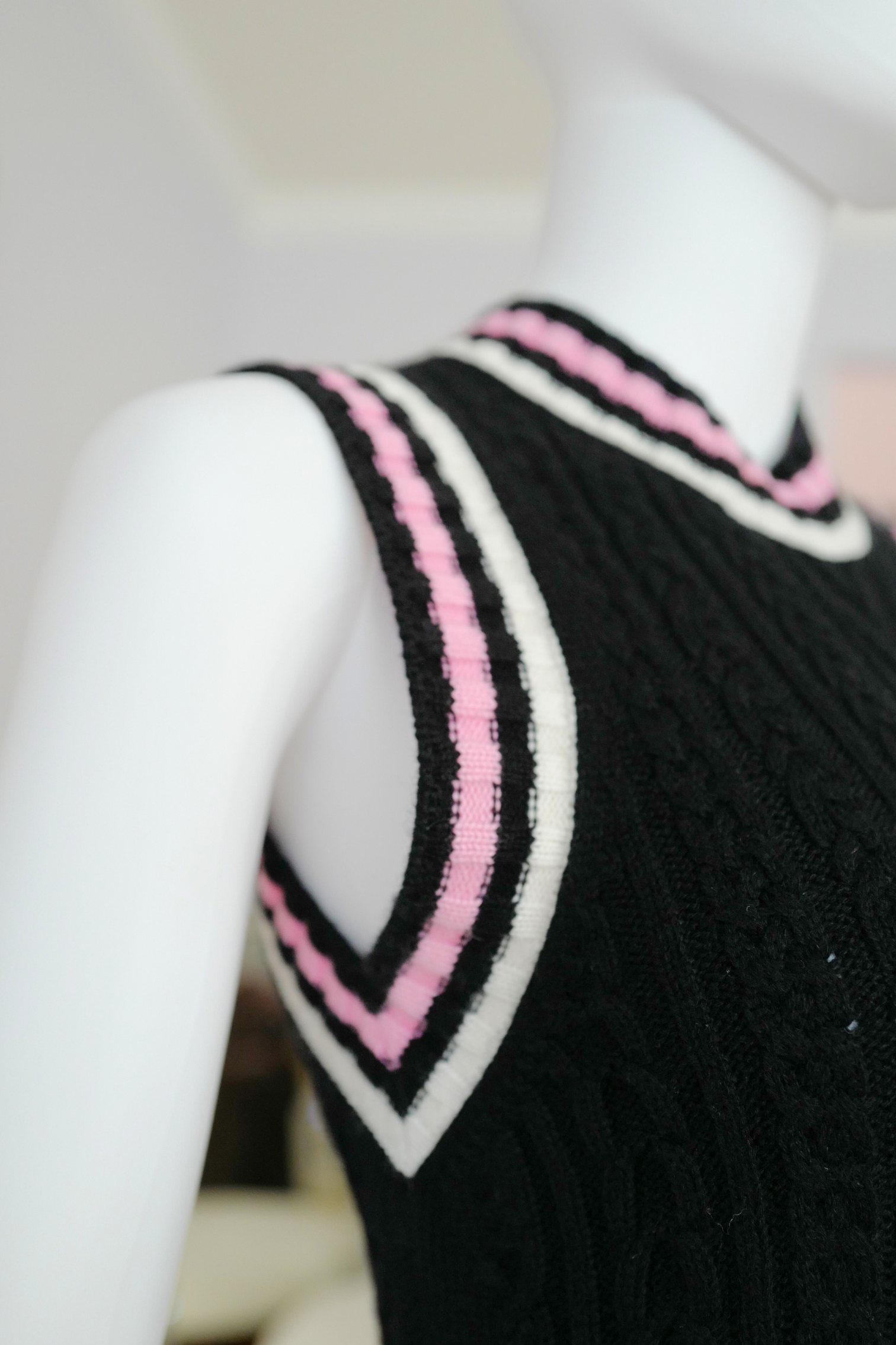 Chanel 23P RTW Tennis Knit Dress in Black, Pink and Ecru Strip Details 36
