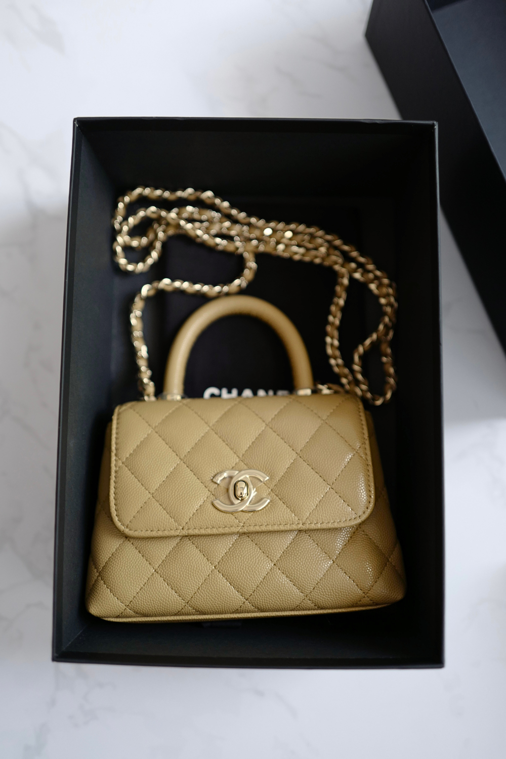 BNIB Chanel 25B Nano Coco Handle Bag – Dark Beige Caviar Leather Champagne Gold Hw