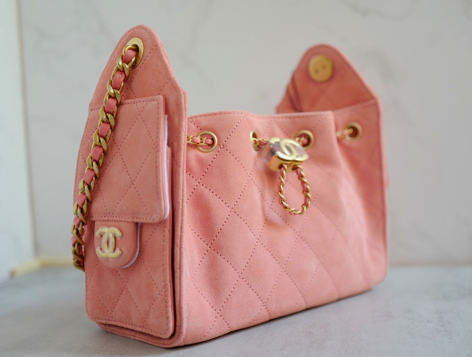 BNIB Chanel 26C Mini Hobo Shoulder Bag in Pink Suede with Gold Hardware