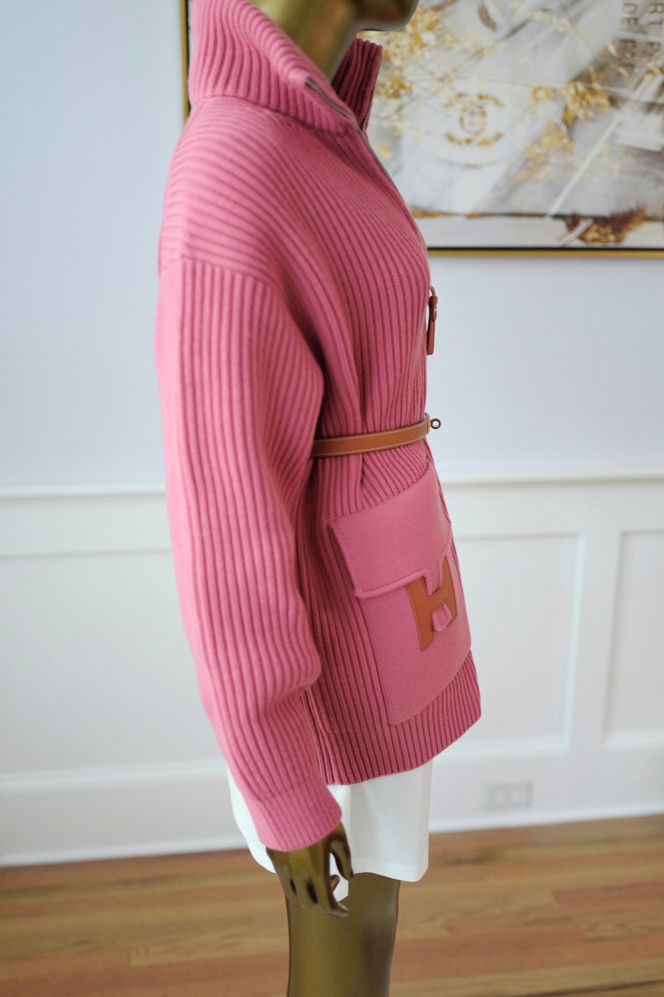 NEW Hermès Blouson Cardigan Jacket Rose Sorbet Wool with H Pockets Size 36