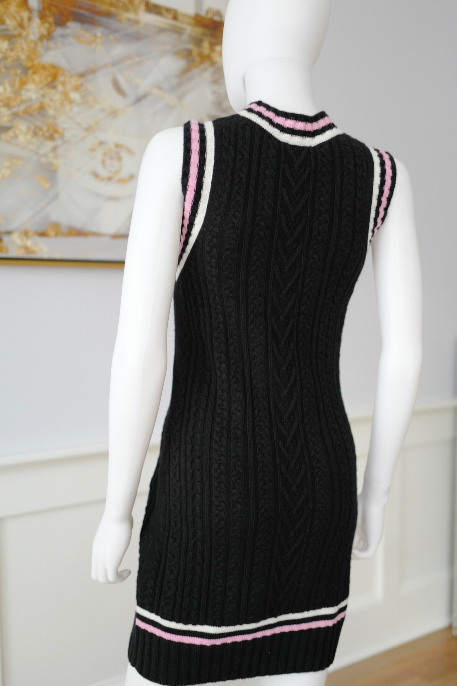 Chanel 23P RTW Tennis Knit Dress in Black, Pink and Ecru Strip Details 36