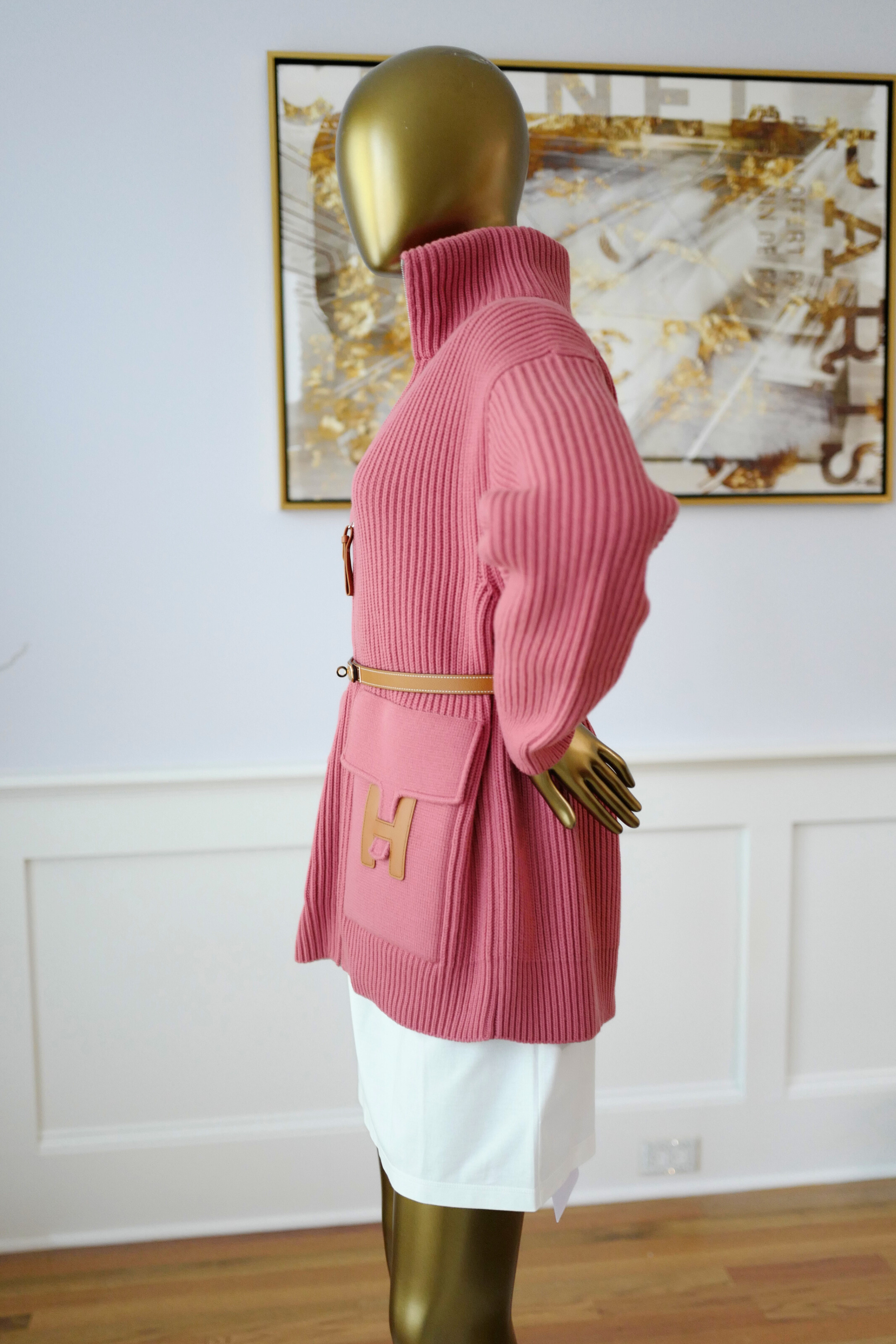 NEW Hermès Blouson Cardigan Jacket Rose Sorbet Wool with H Pockets Size 36