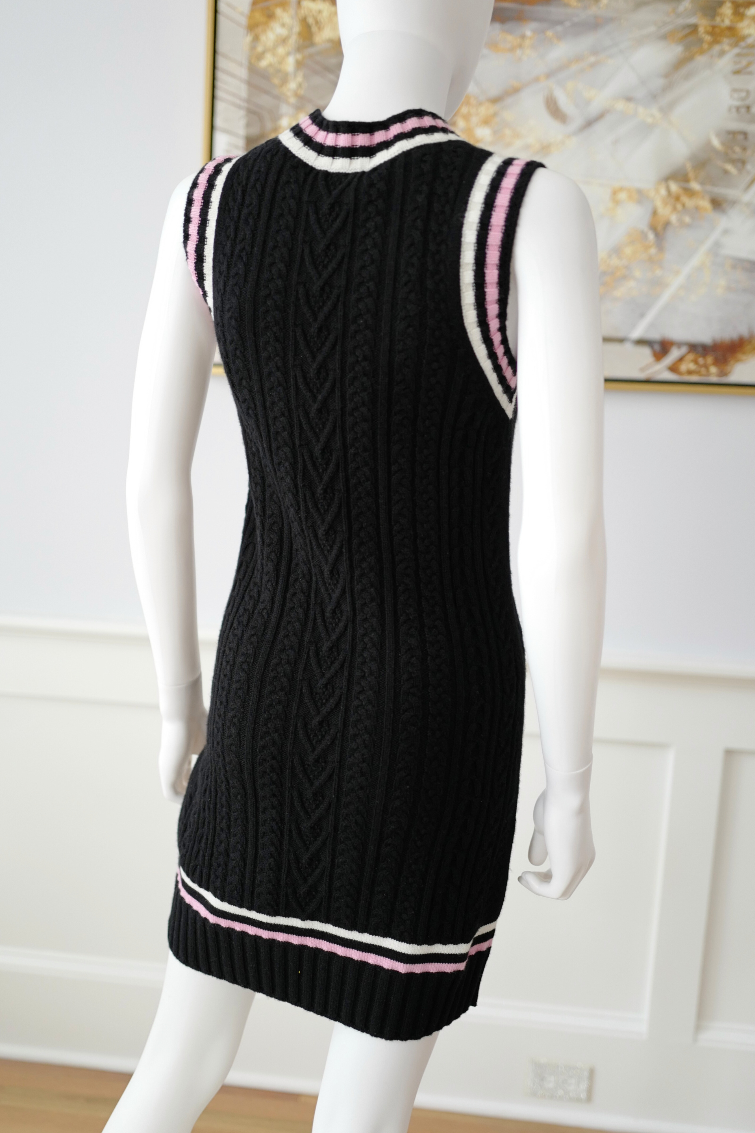 Chanel 23P RTW Tennis Knit Dress in Black, Pink and Ecru Strip Details 36