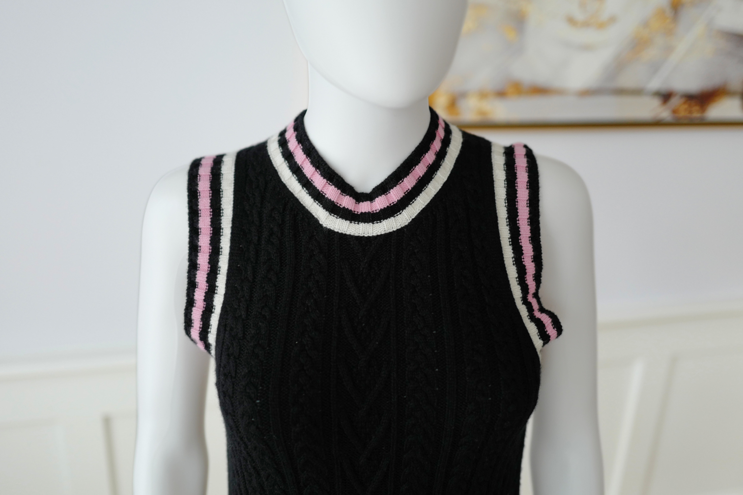 Chanel 23P RTW Tennis Knit Dress in Black, Pink and Ecru Strip Details 36