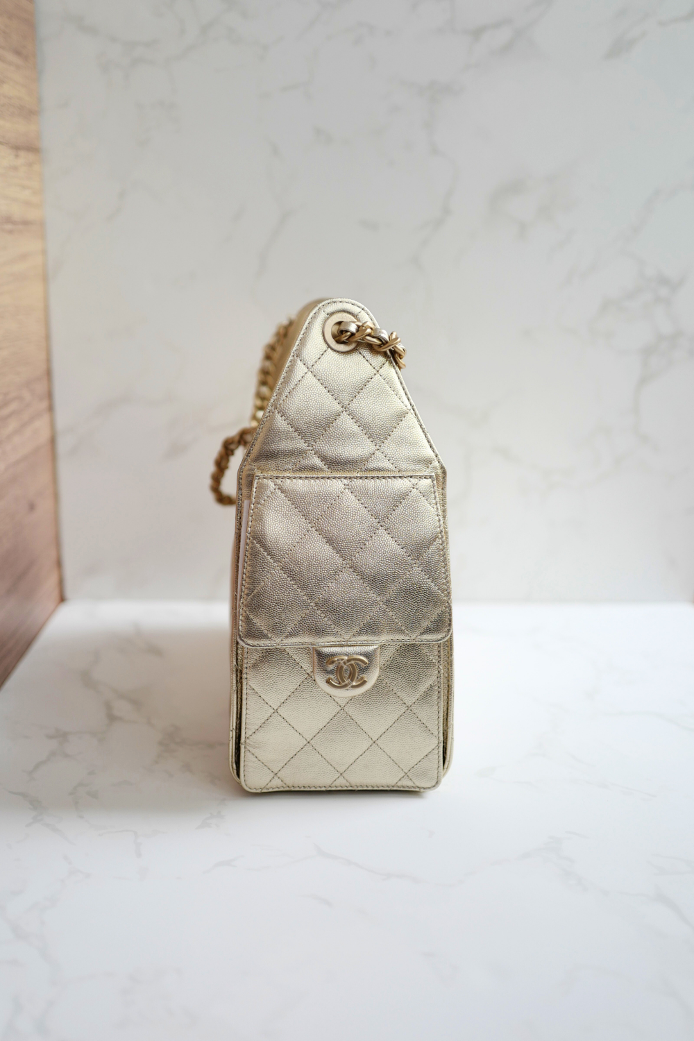 NEW CHANEL Spring-Summer 2025 25S Small Hobo Bag Metallic Grained Calfskin Gold