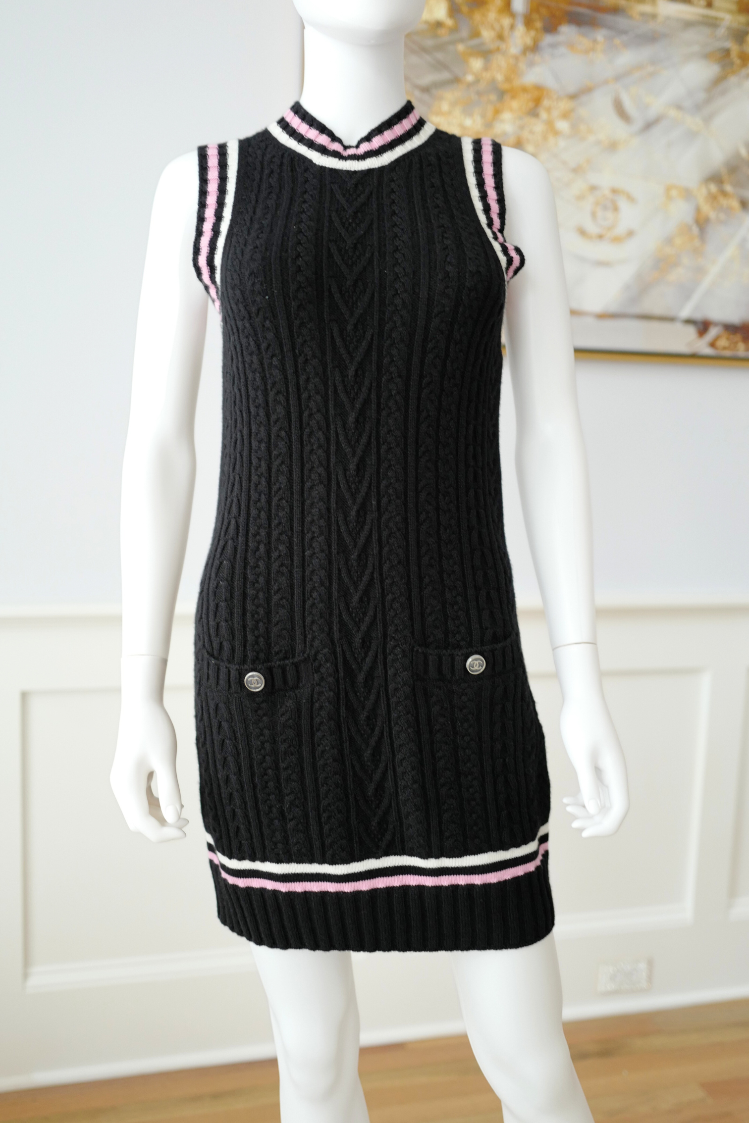 Chanel 23P RTW Tennis Knit Dress in Black, Pink and Ecru Strip Details 36