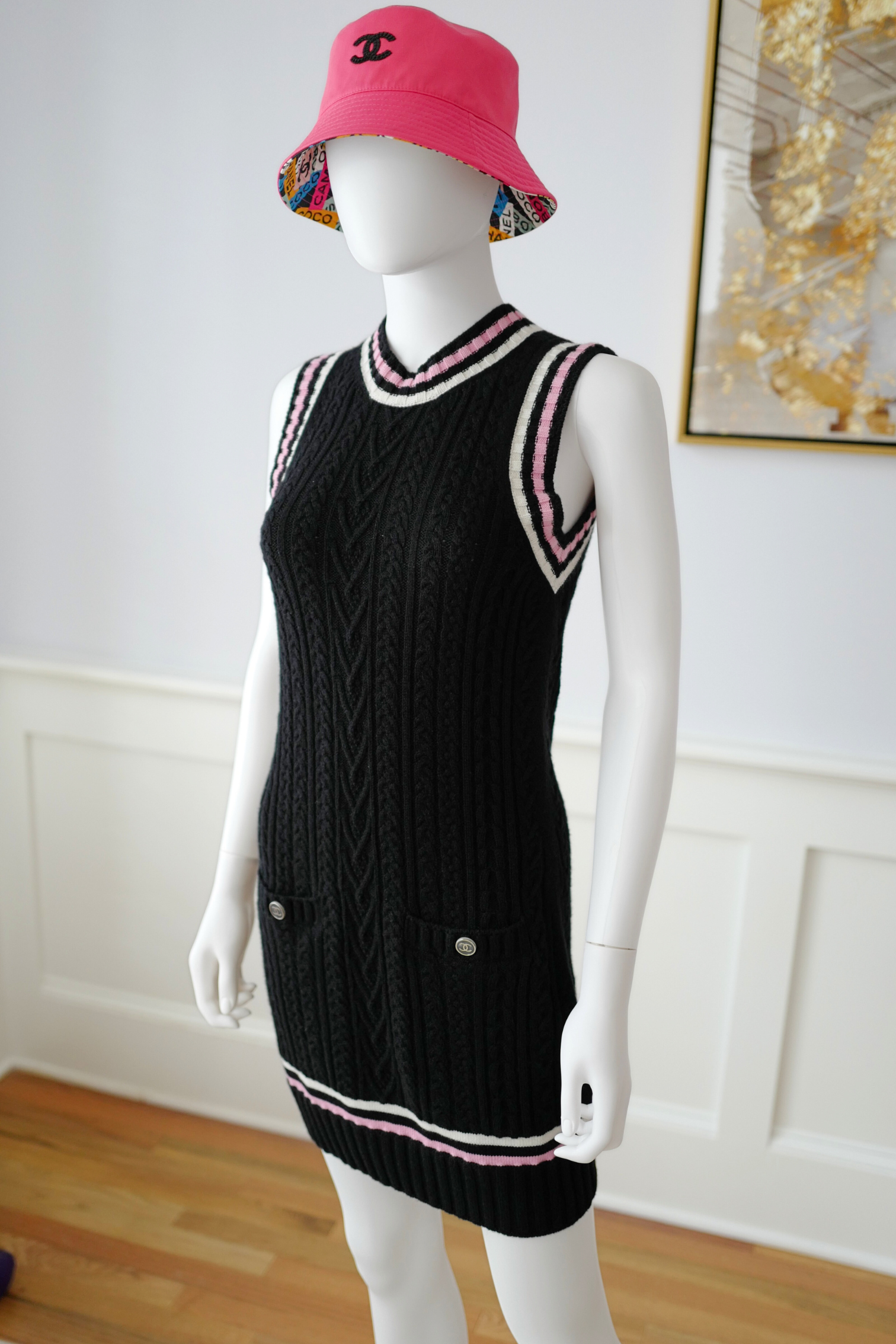 Chanel 23P RTW Tennis Knit Dress in Black, Pink and Ecru Strip Details 36