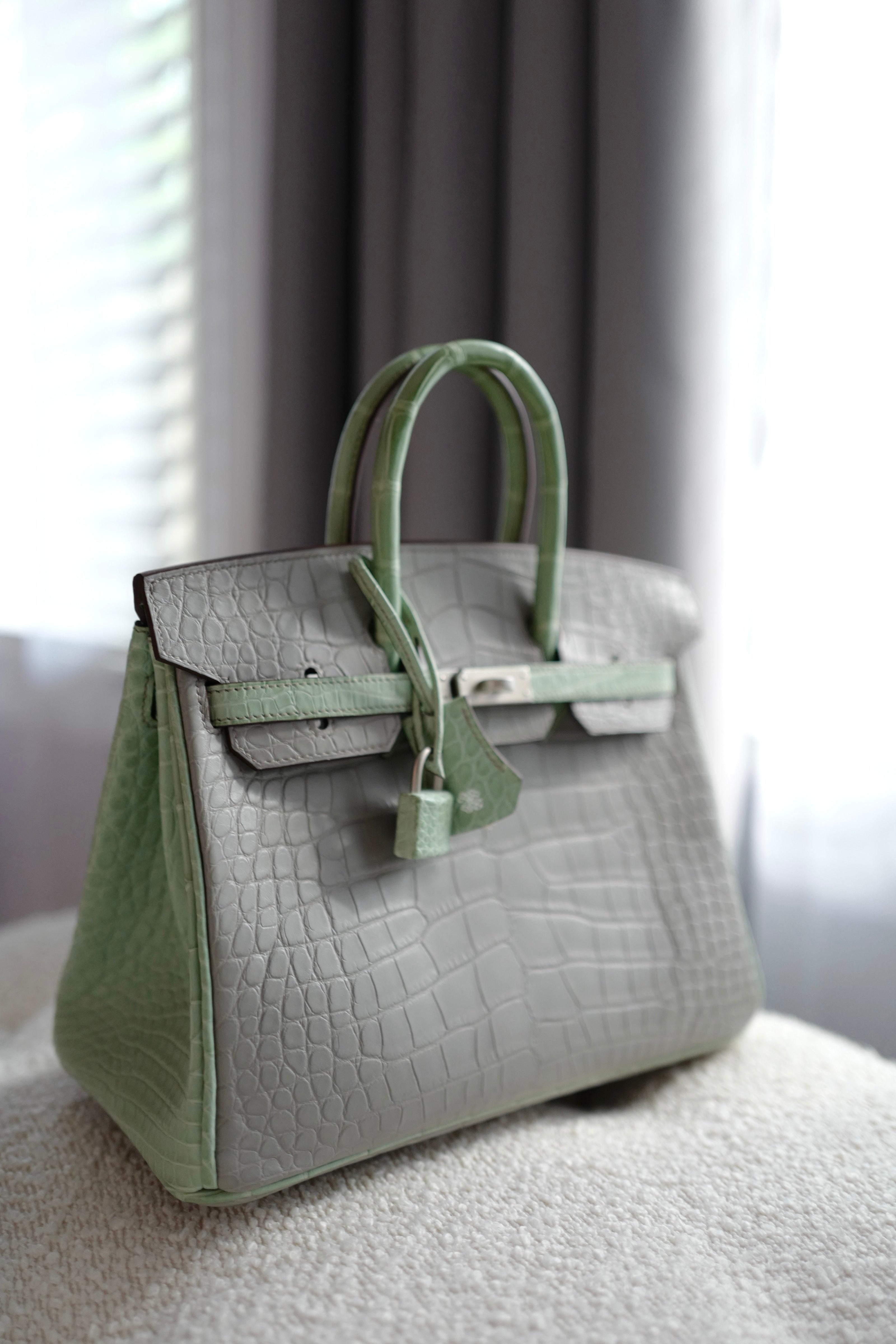 BNIB Hermes Birkin 25 HSS Gris Perle/Vert D’eau Matte Crocodile Brushed Palladium HW