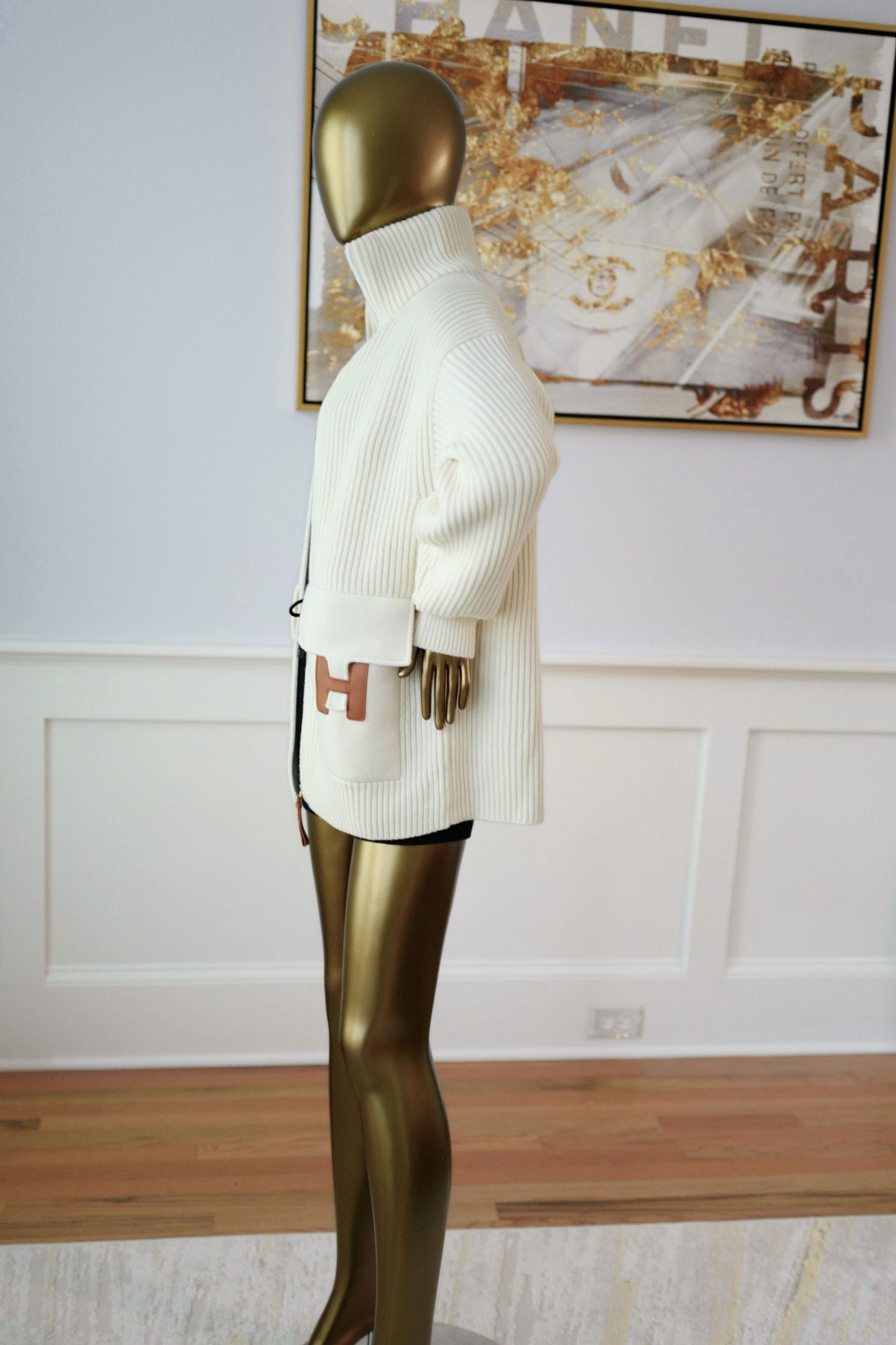 New Hermes Blouson Details Cuir cardigan Virgin Wool size 34