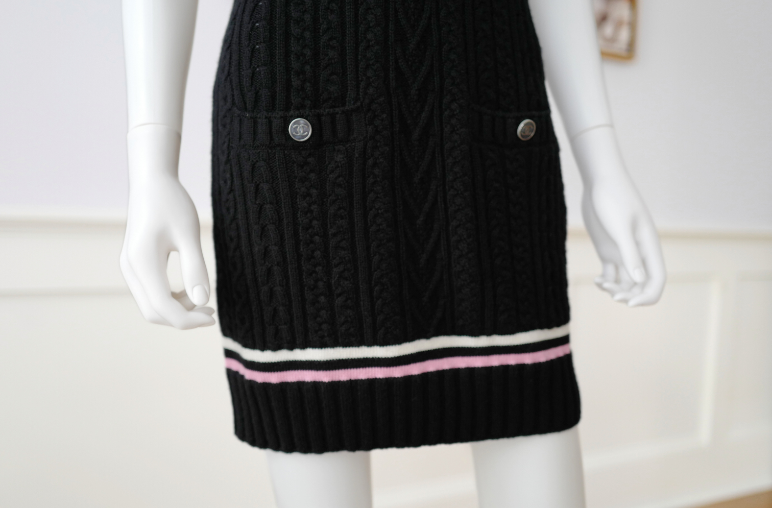 Chanel 23P RTW Tennis Knit Dress in Black, Pink and Ecru Strip Details 36