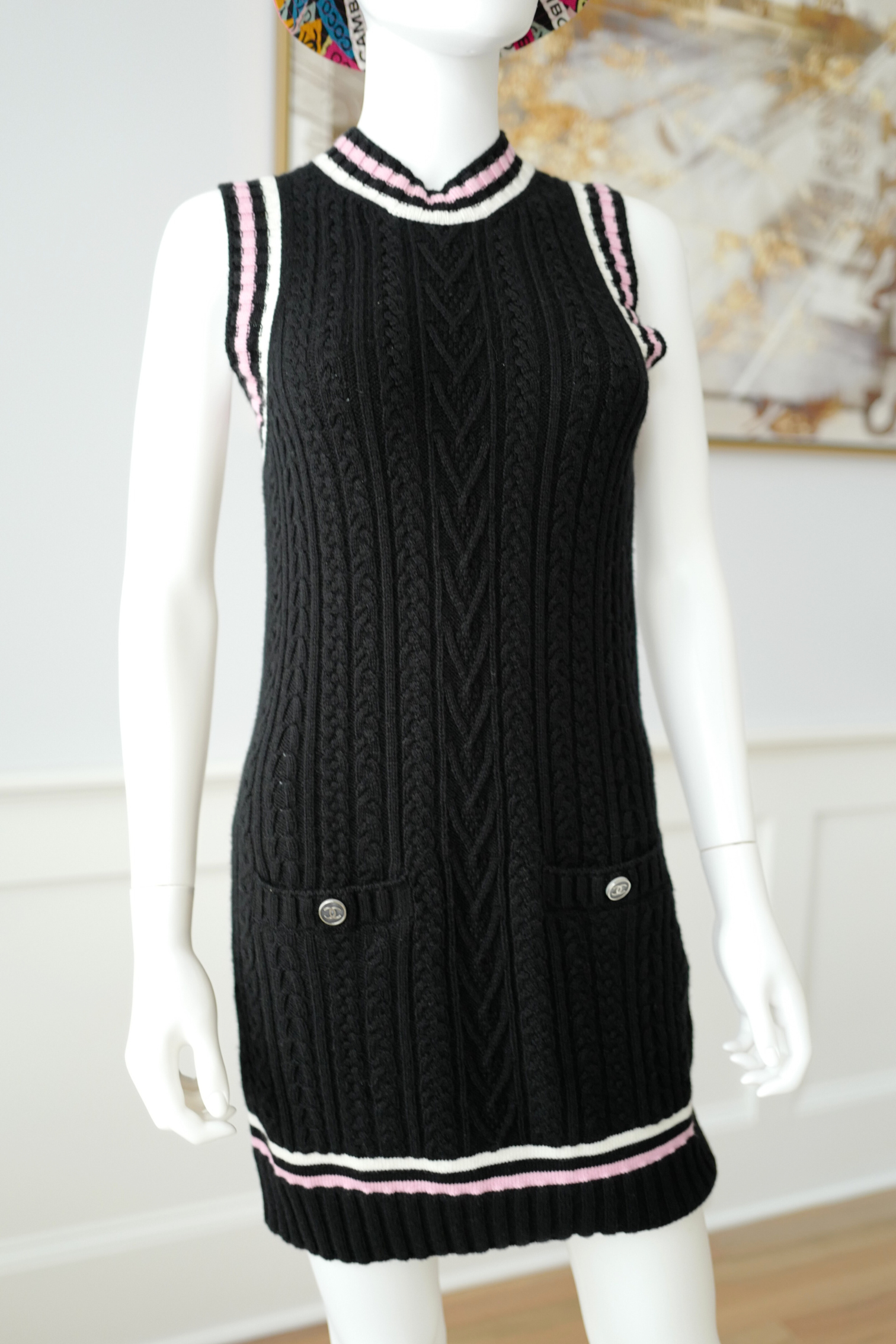 Chanel 23P RTW Tennis Knit Dress in Black, Pink and Ecru Strip Details 36