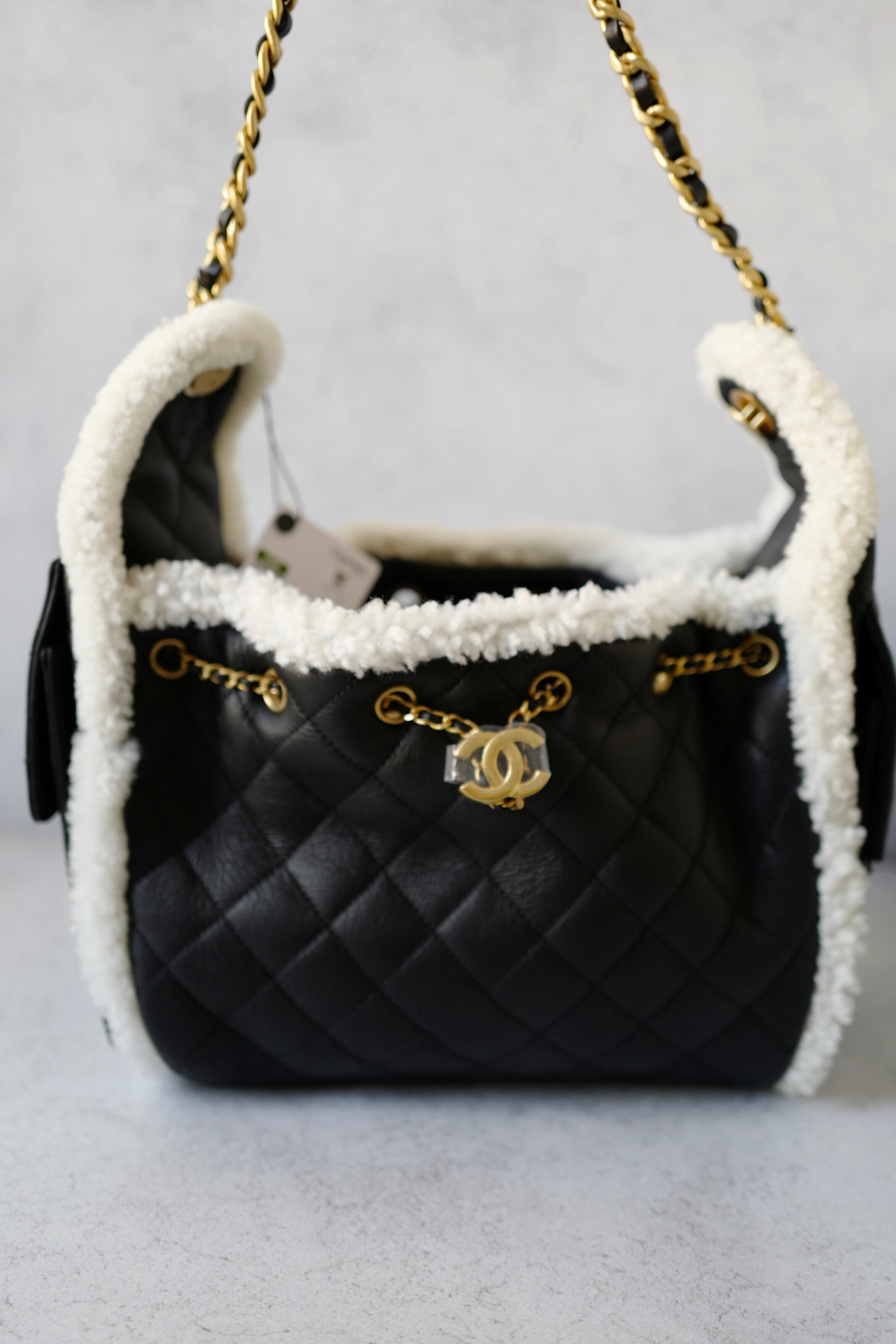 Chanel 25K Small Hobo Bag Black Calfskin with Shearling Trim Gold Hardware