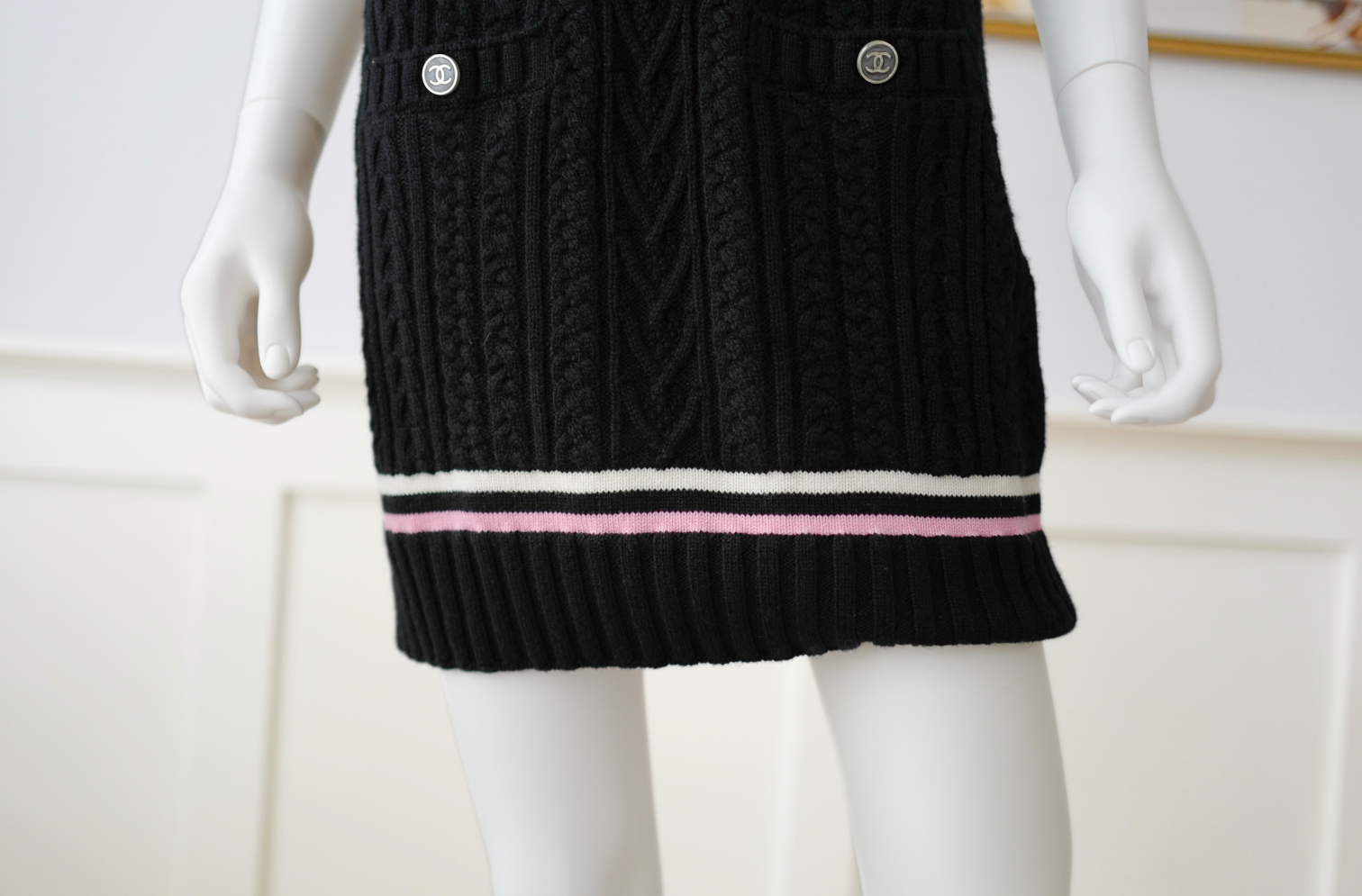 Chanel 23P RTW Tennis Knit Dress in Black, Pink and Ecru Strip Details 36