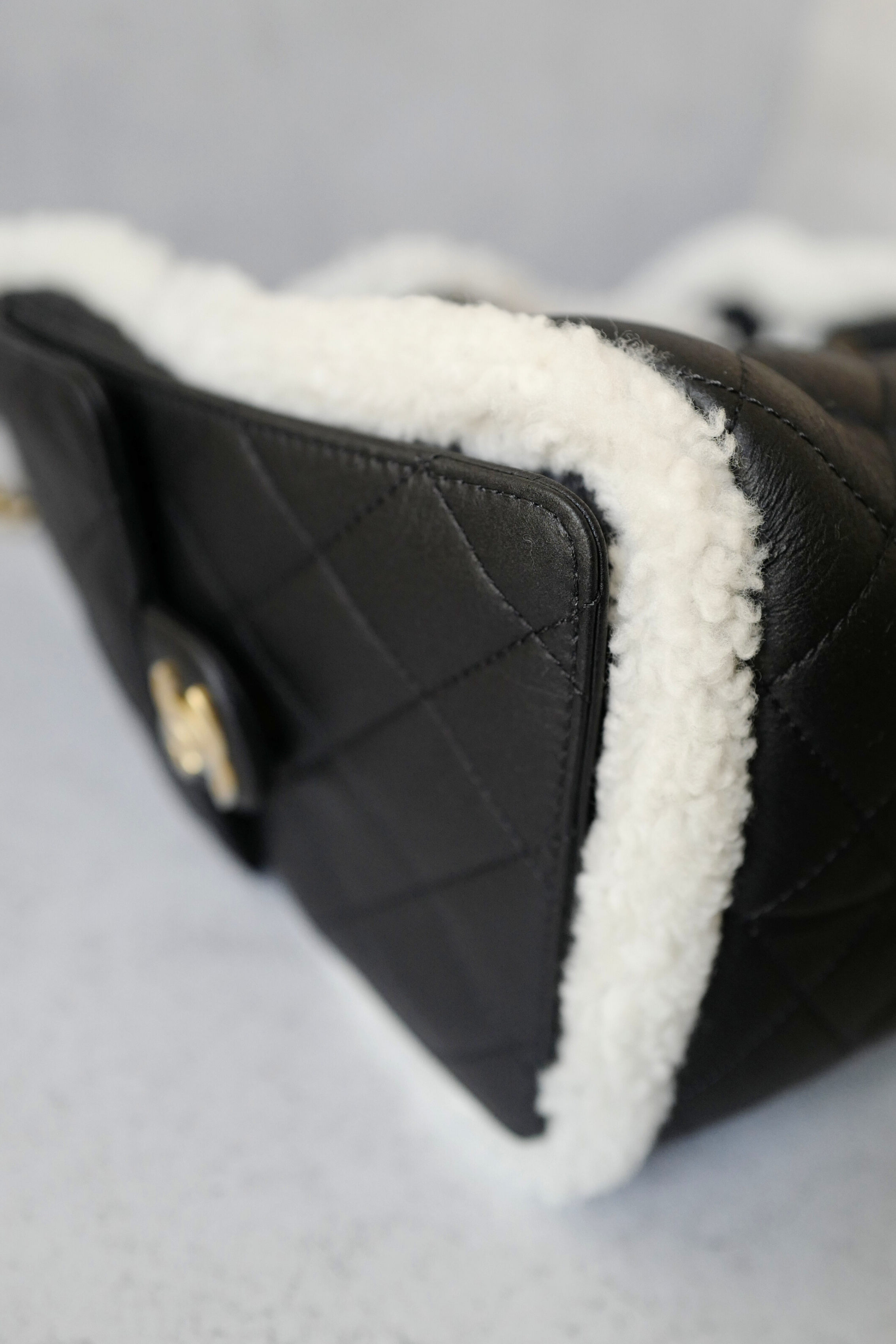 Chanel 25K Small Hobo Bag Black Calfskin with Shearling Trim Gold Hardware