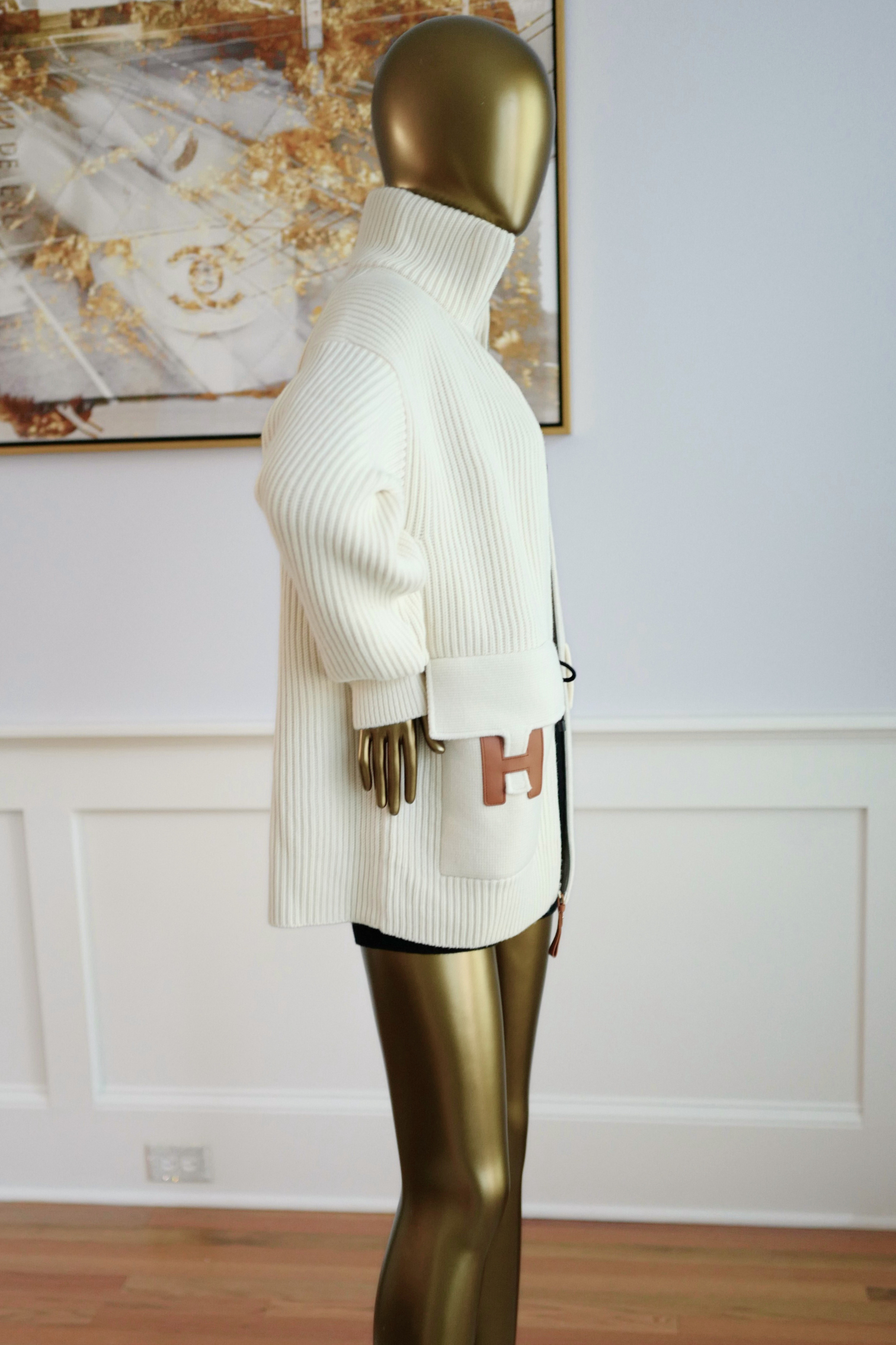 New Hermes Blouson Details Cuir cardigan Virgin Wool size 34
