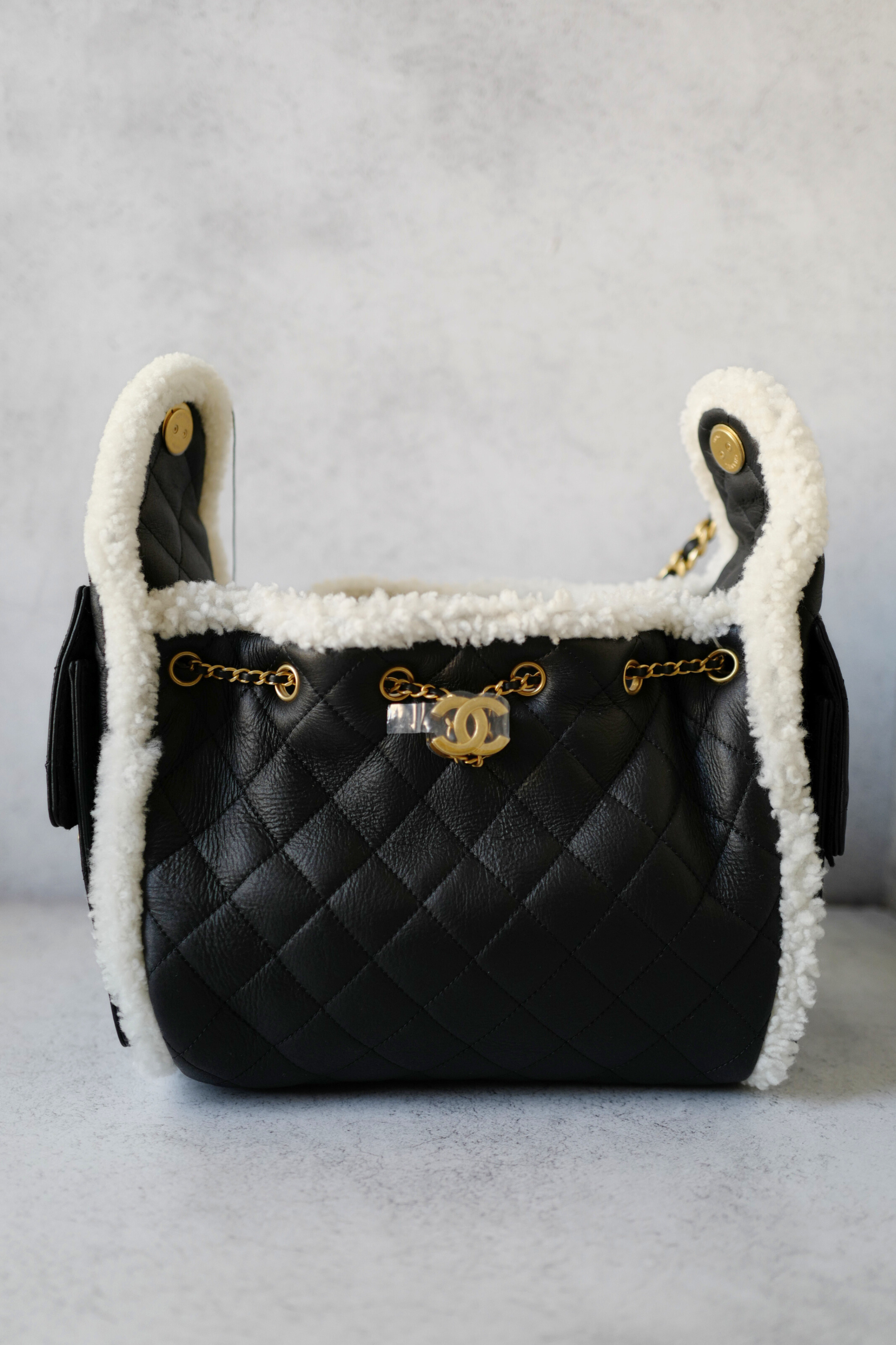 Chanel 25K Small Hobo Bag Black Calfskin with Shearling Trim Gold Hardware