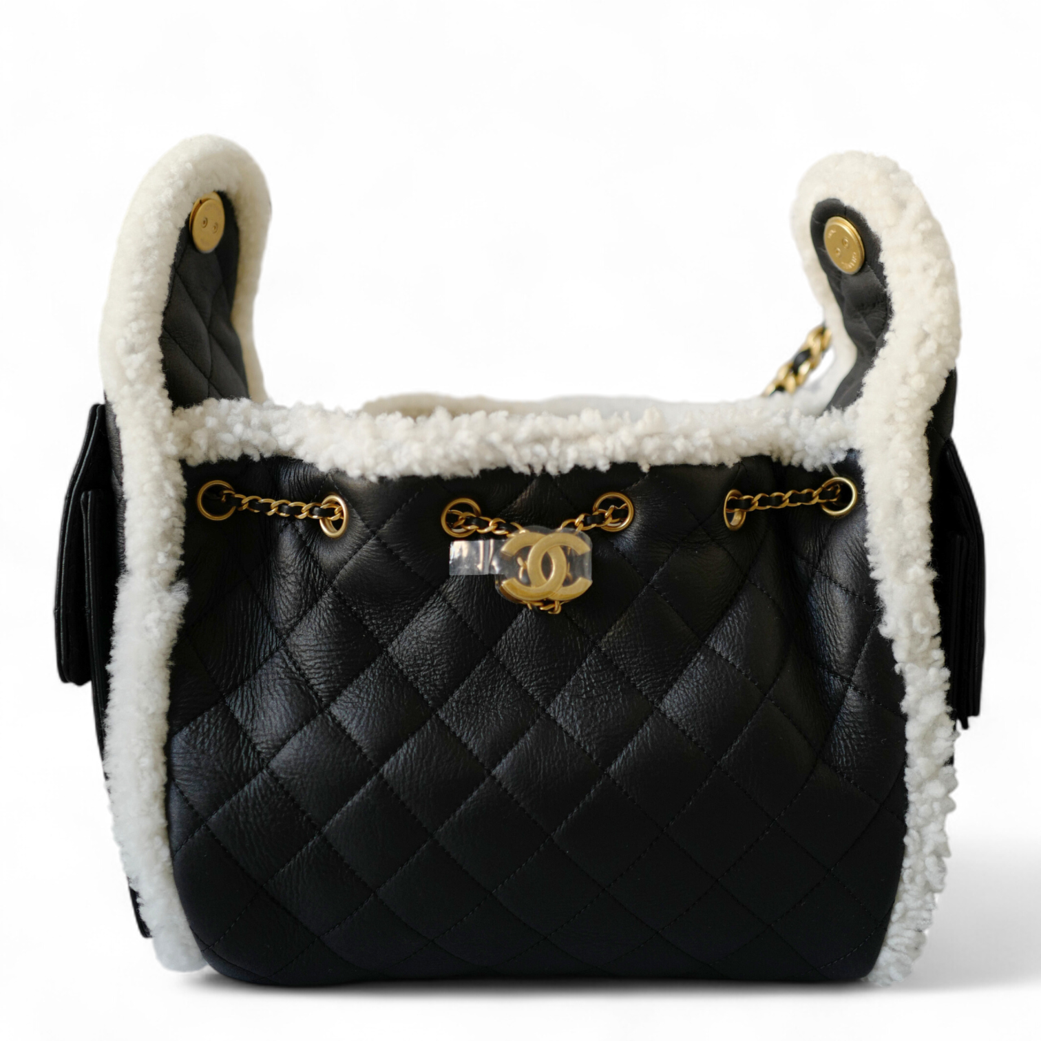 Chanel 25K Small Hobo Bag Black Calfskin with Shearling Trim Gold Hard