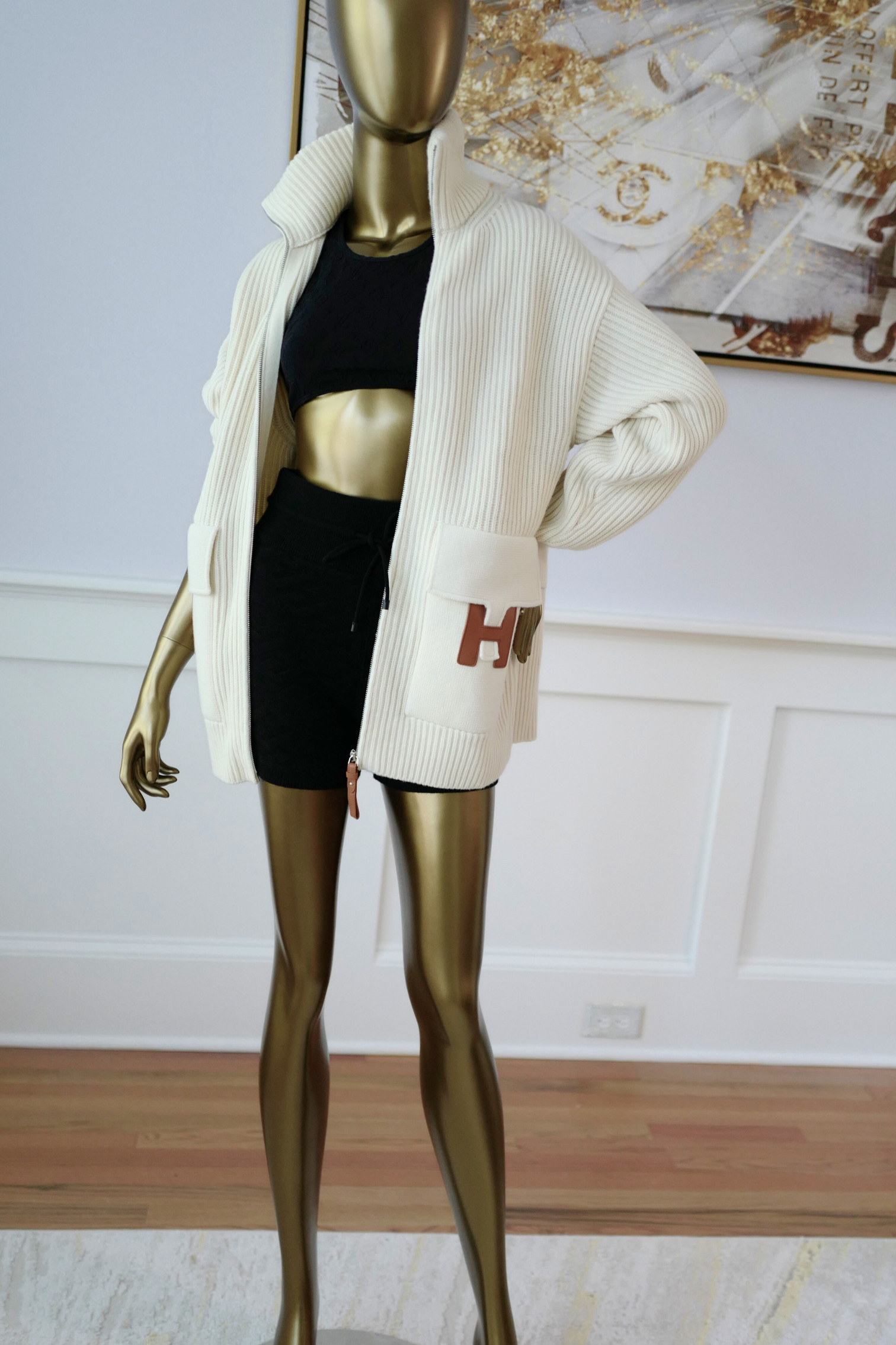 New Hermes Blouson Details Cuir cardigan Virgin Wool size 34