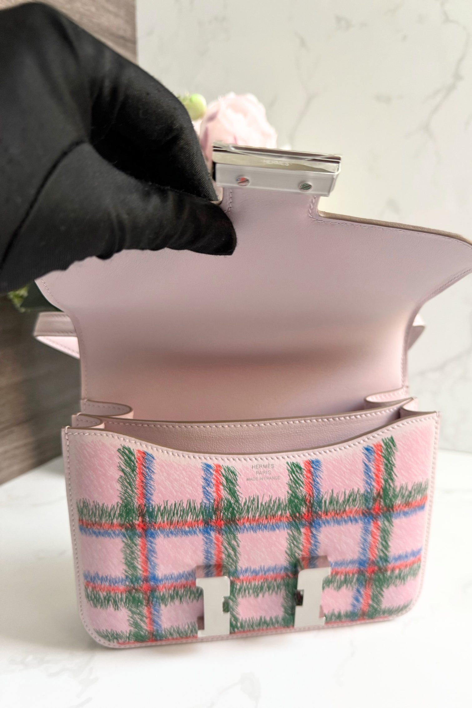 BNIB Hermès Constance 18 Mirror Tartan Pink Leather Shoulder Bag Palladium Hardware