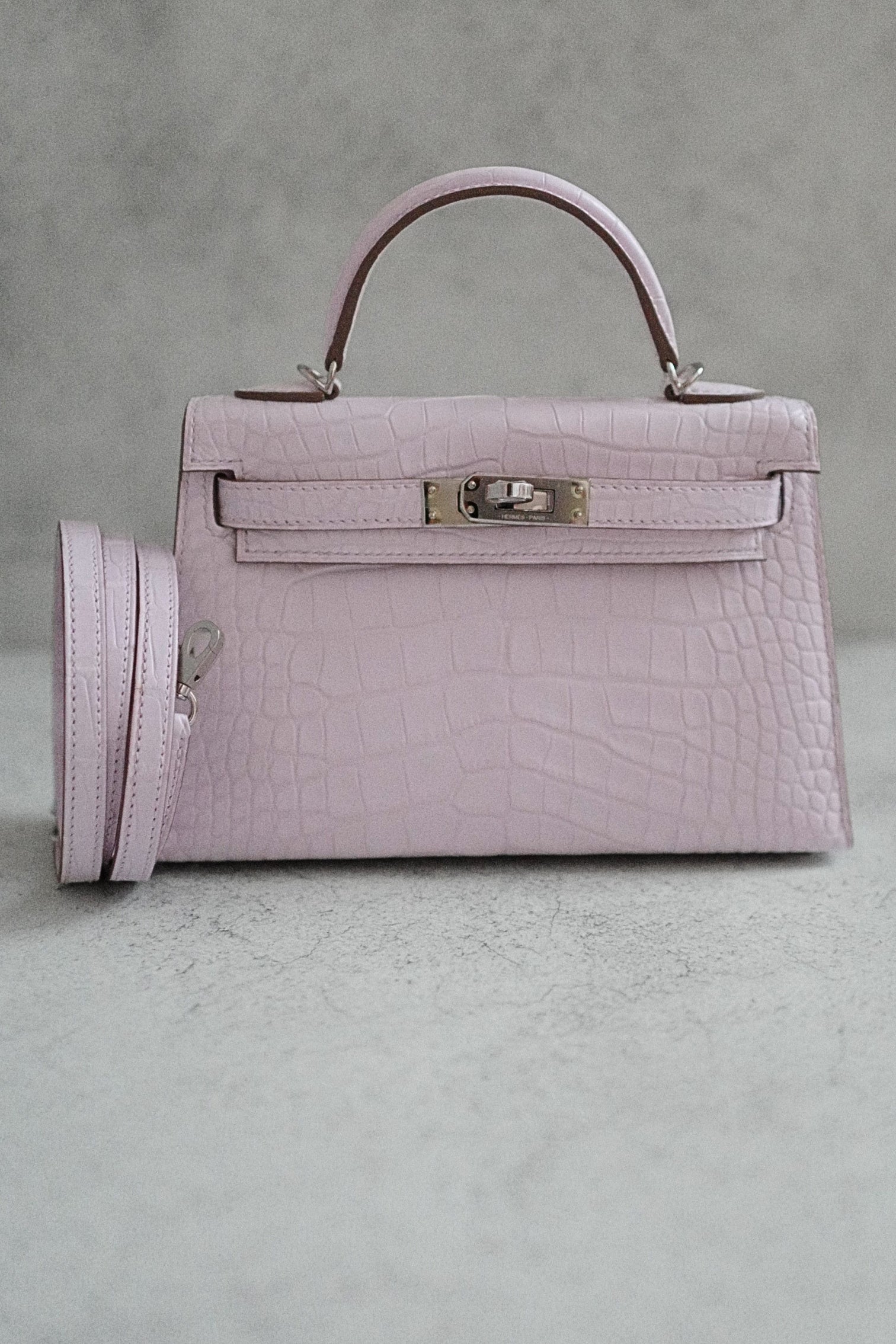 BNIB Hermès Mini Kelly 20 Mauve Pale Matte Alligator Palladium Hardware K Stamp 2025