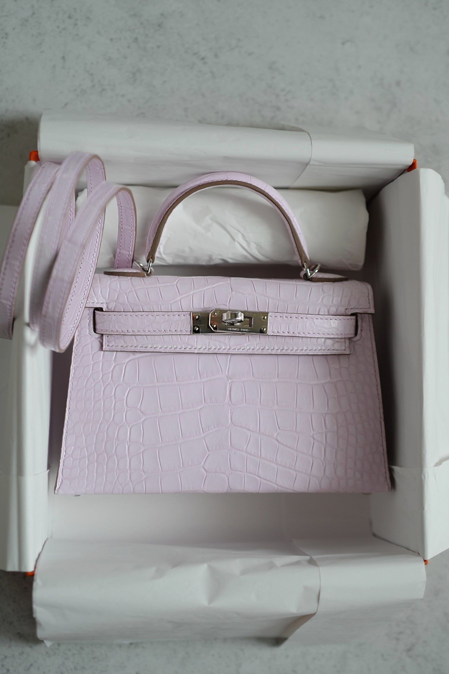 BNIB Hermès Mini Kelly 20 Mauve Pale Matte Alligator Palladium Hardware K Stamp 2025
