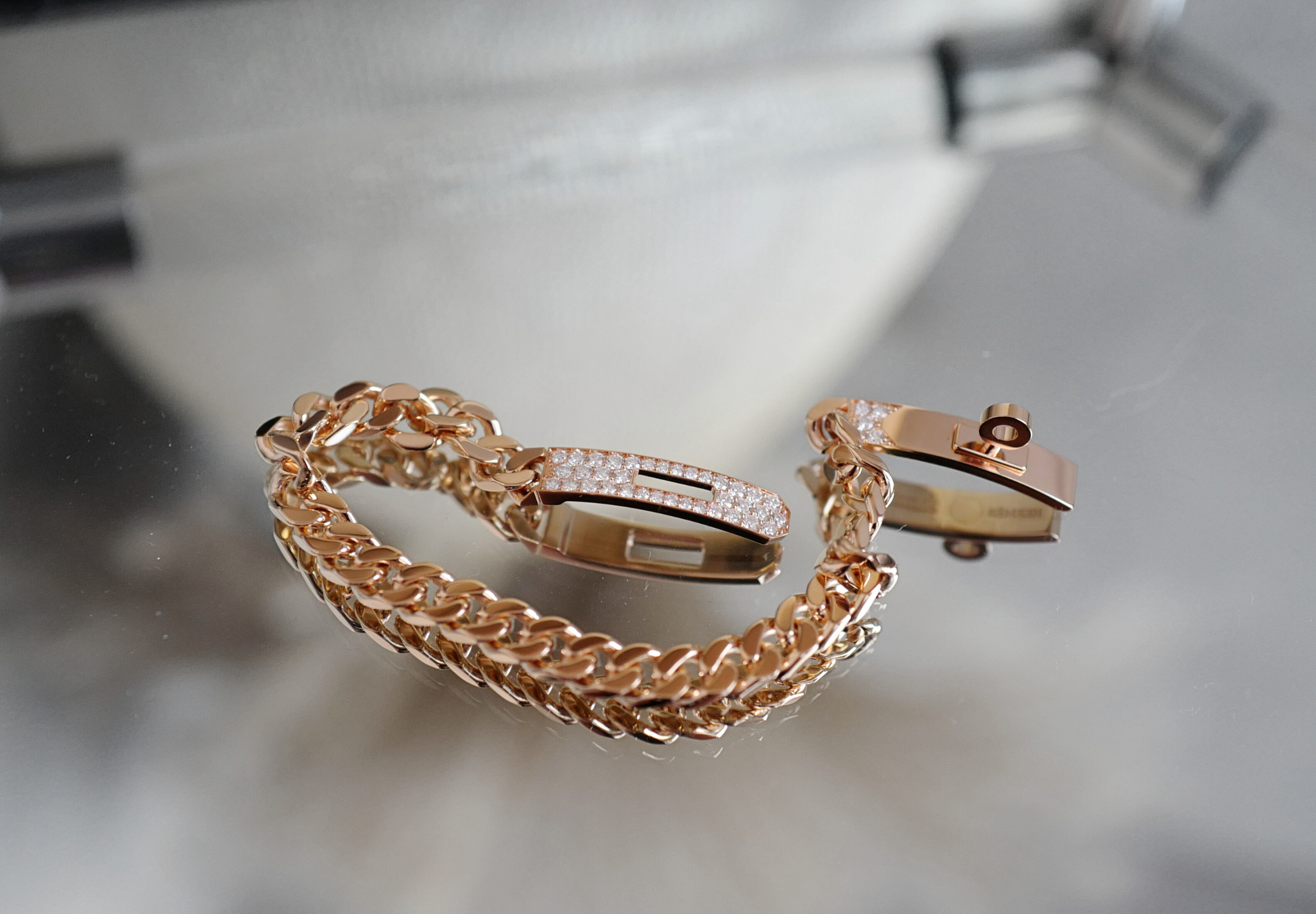 Hermes Kelly Gourmette Bracelet Rose Gold 750 Diamond 0.90ct ST