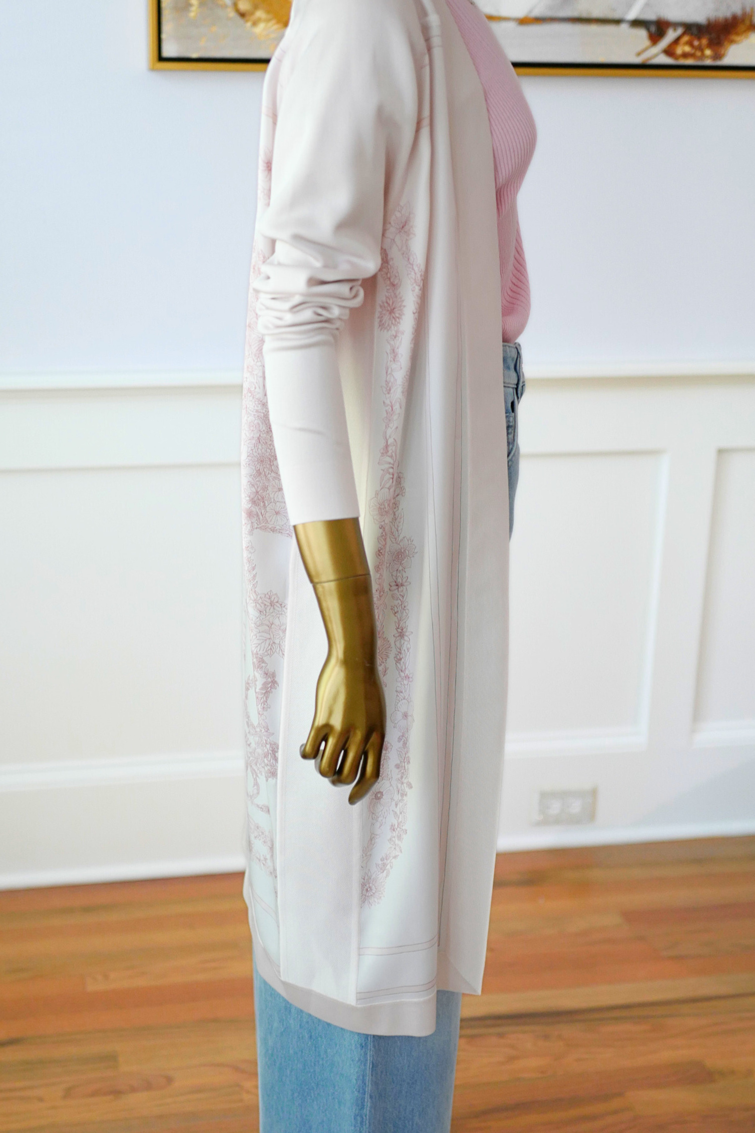 NEW Hermès "Brides de Gala en Fleurs" long-sleeve twillaine– Rose Pâle Pink- Size 34 $5K Retail