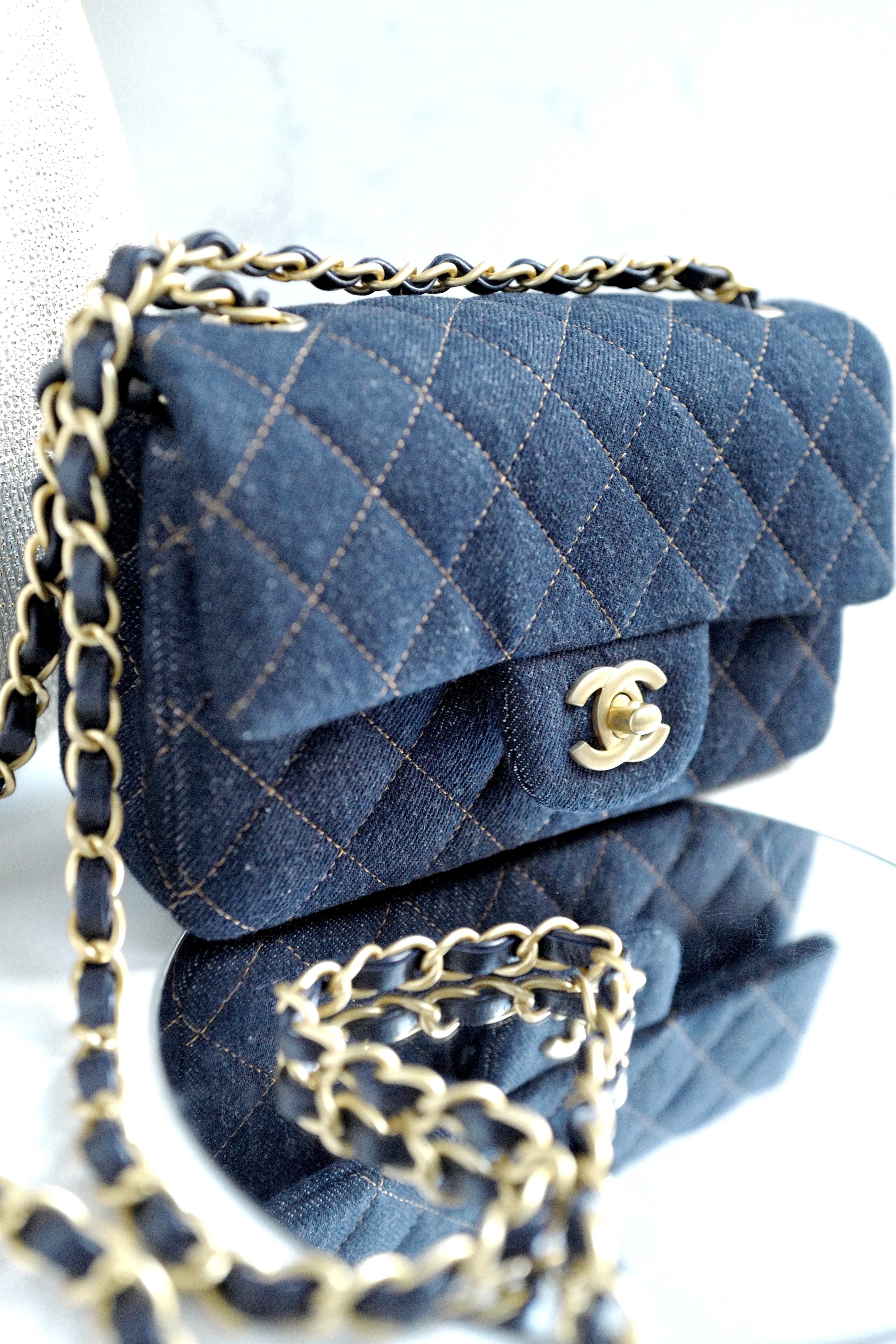 BNIB Chanel 25c Classic Mini Flap Bag in Denim Dark Blue Gold Hardware