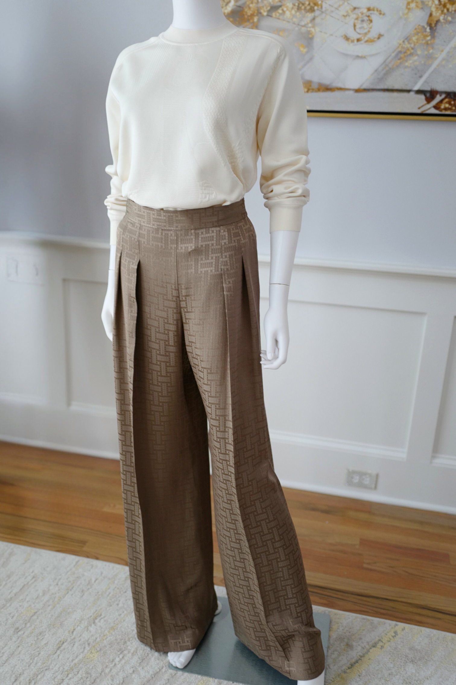 NEW Hermès "Mosaique" Wide Leg Pants Etoupe Size 34