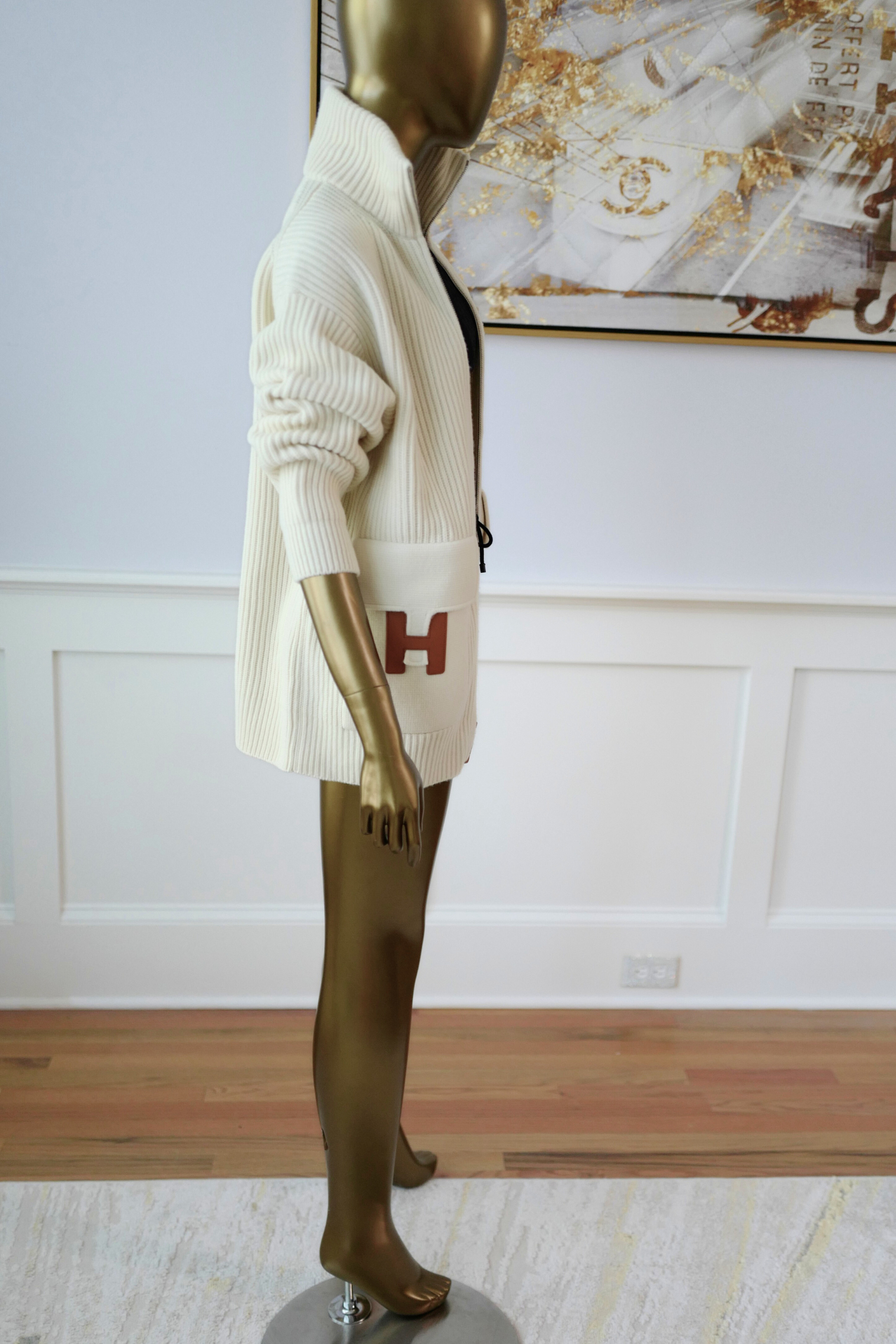 New Hermes Blouson Details Cuir cardigan Virgin Wool size 34