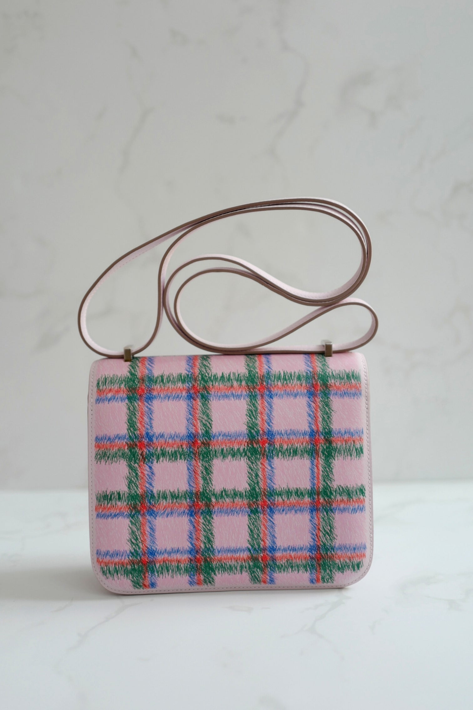 BNIB Hermès Constance 18 Mirror Tartan Pink Leather Shoulder Bag Palladium Hardware