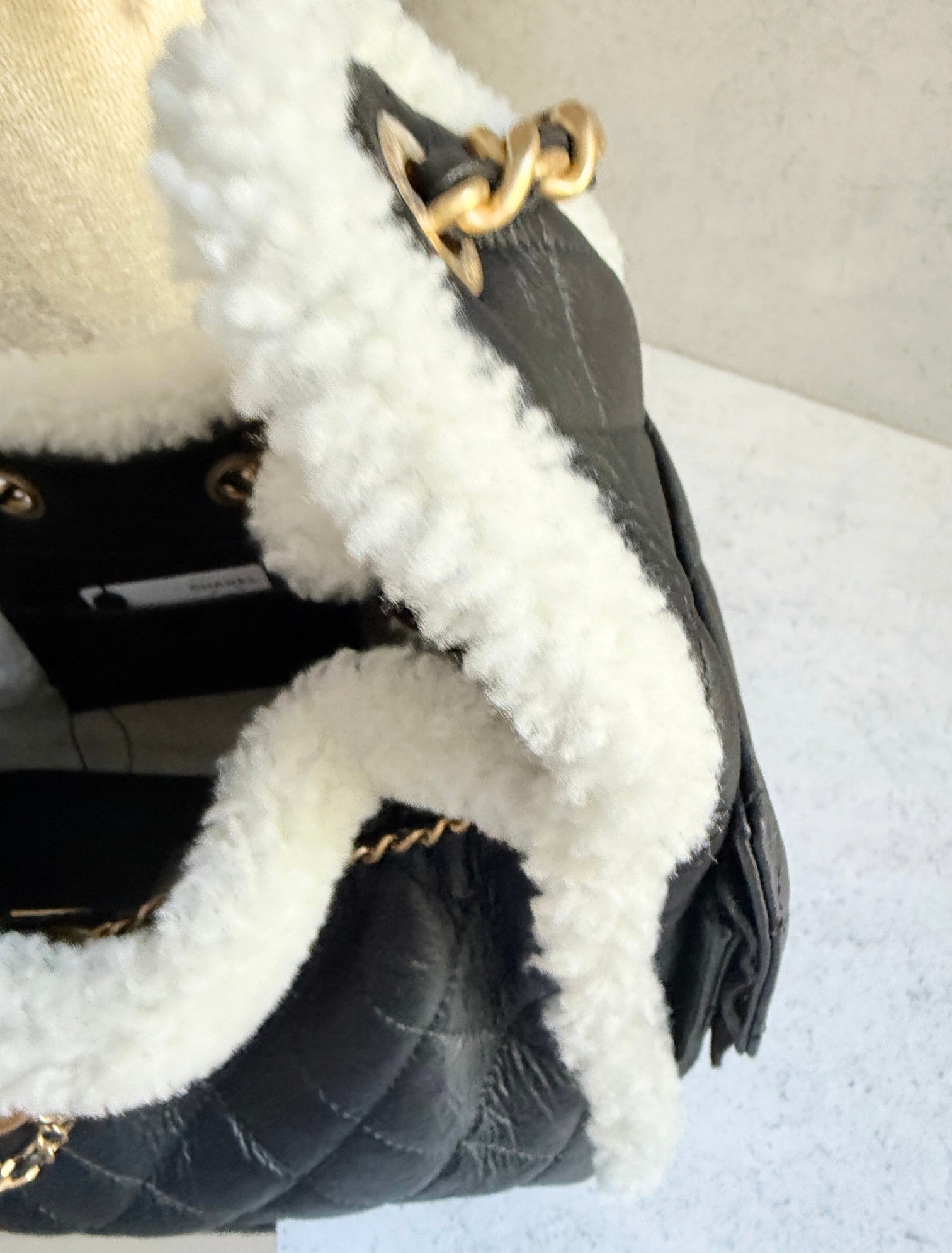 Chanel 25K Small Hobo Bag Black Calfskin with White Shearling Trim Gold Hardware