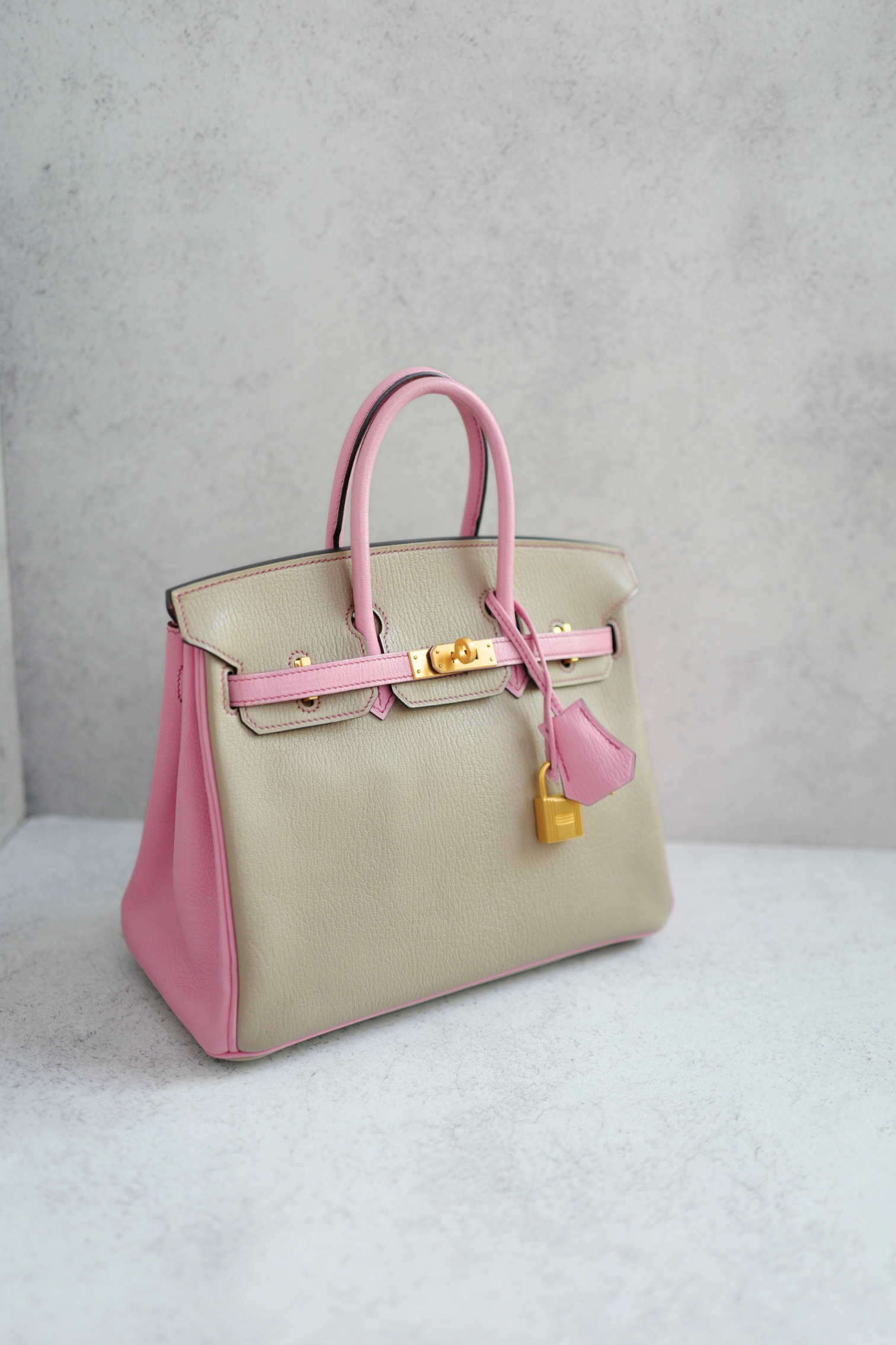 Hermes Birkin 25 HSS Gris Tortuelle / 5P Bubblegum Pink Chevre Brushed Gold HW
