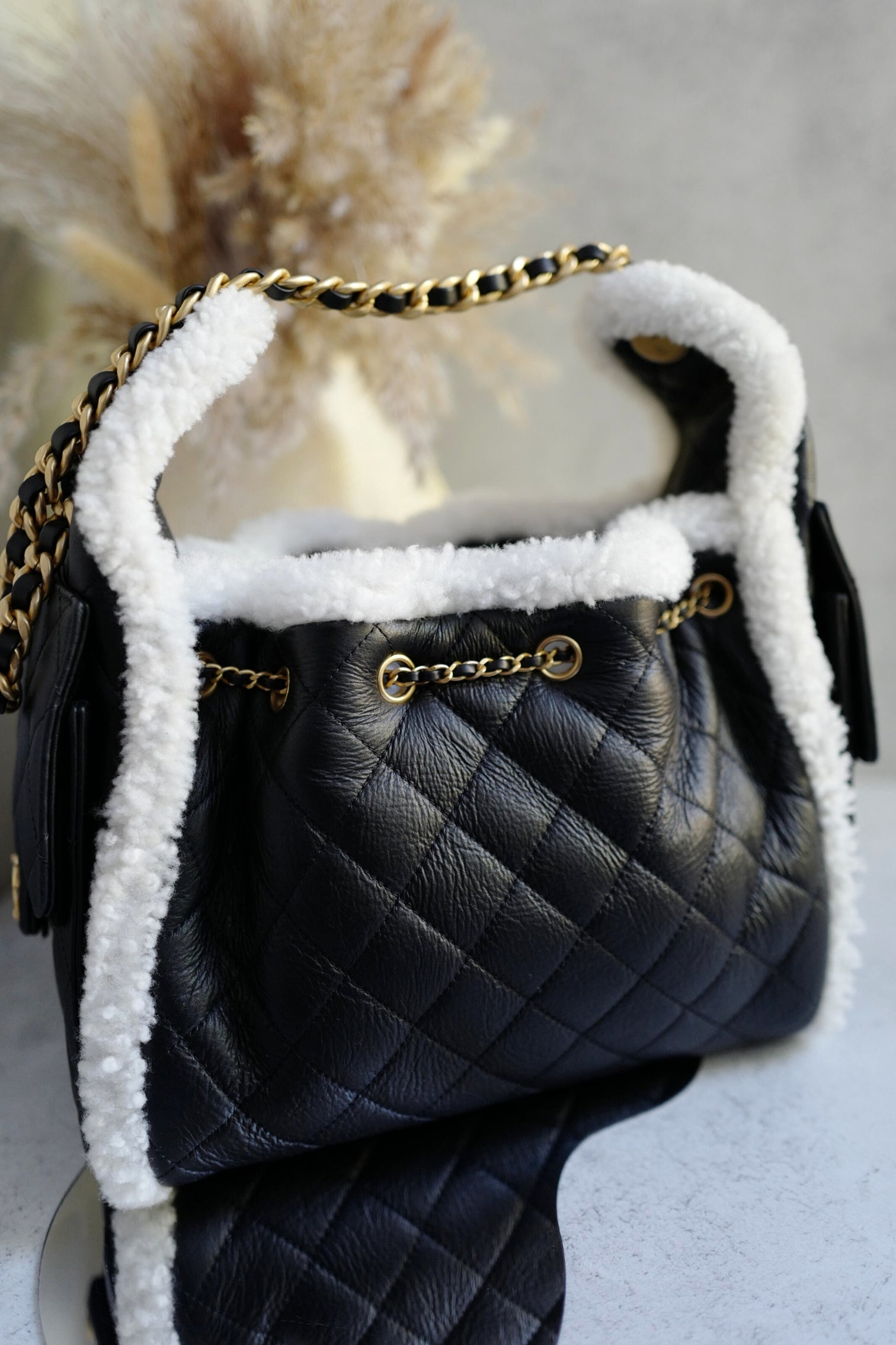 Chanel 25K Small Hobo Bag Black Calfskin with White Shearling Trim Gold Hardware