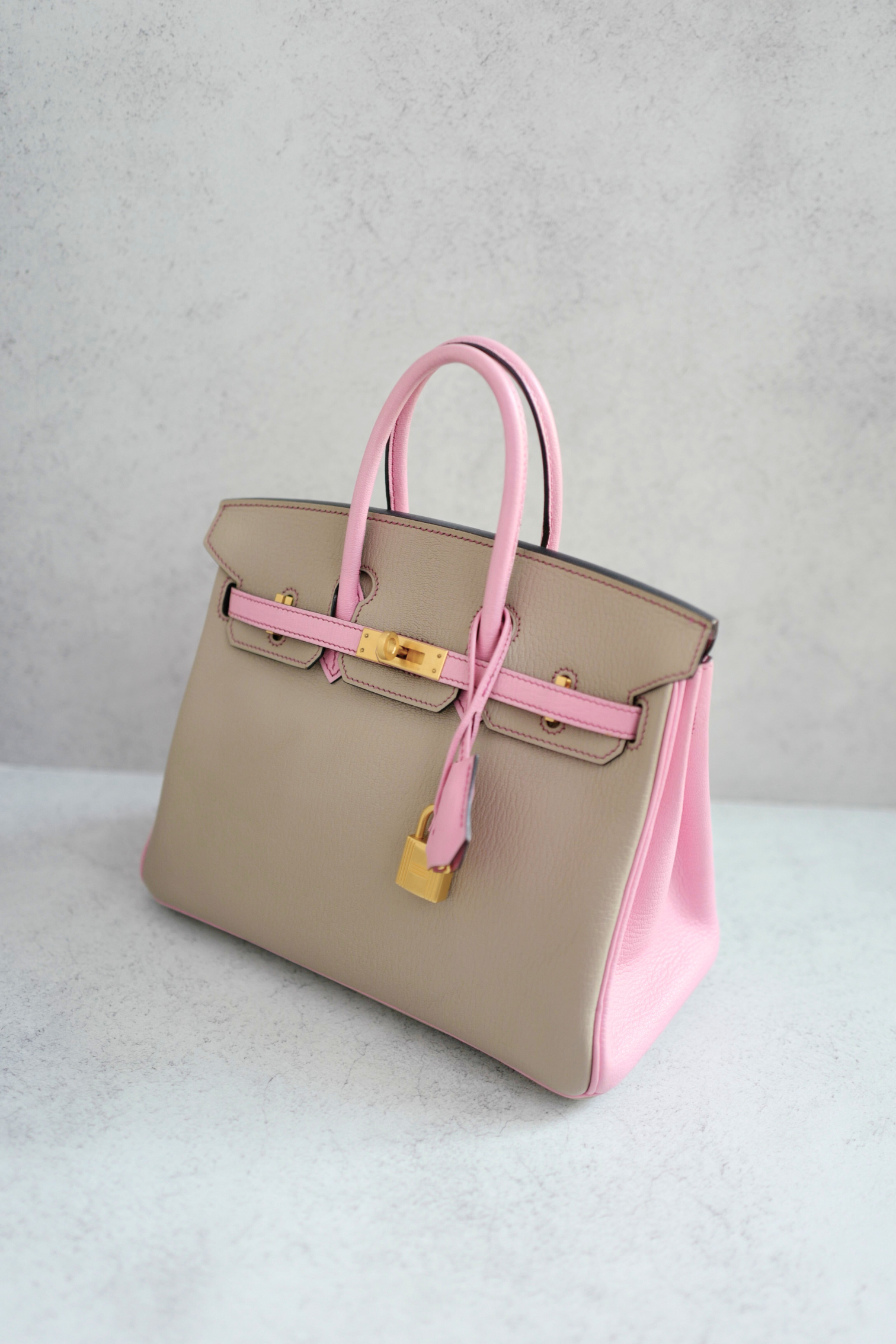 Hermes Birkin 25 HSS Gris Tortuelle / 5P Bubblegum Pink Chevre Brushed Gold HW
