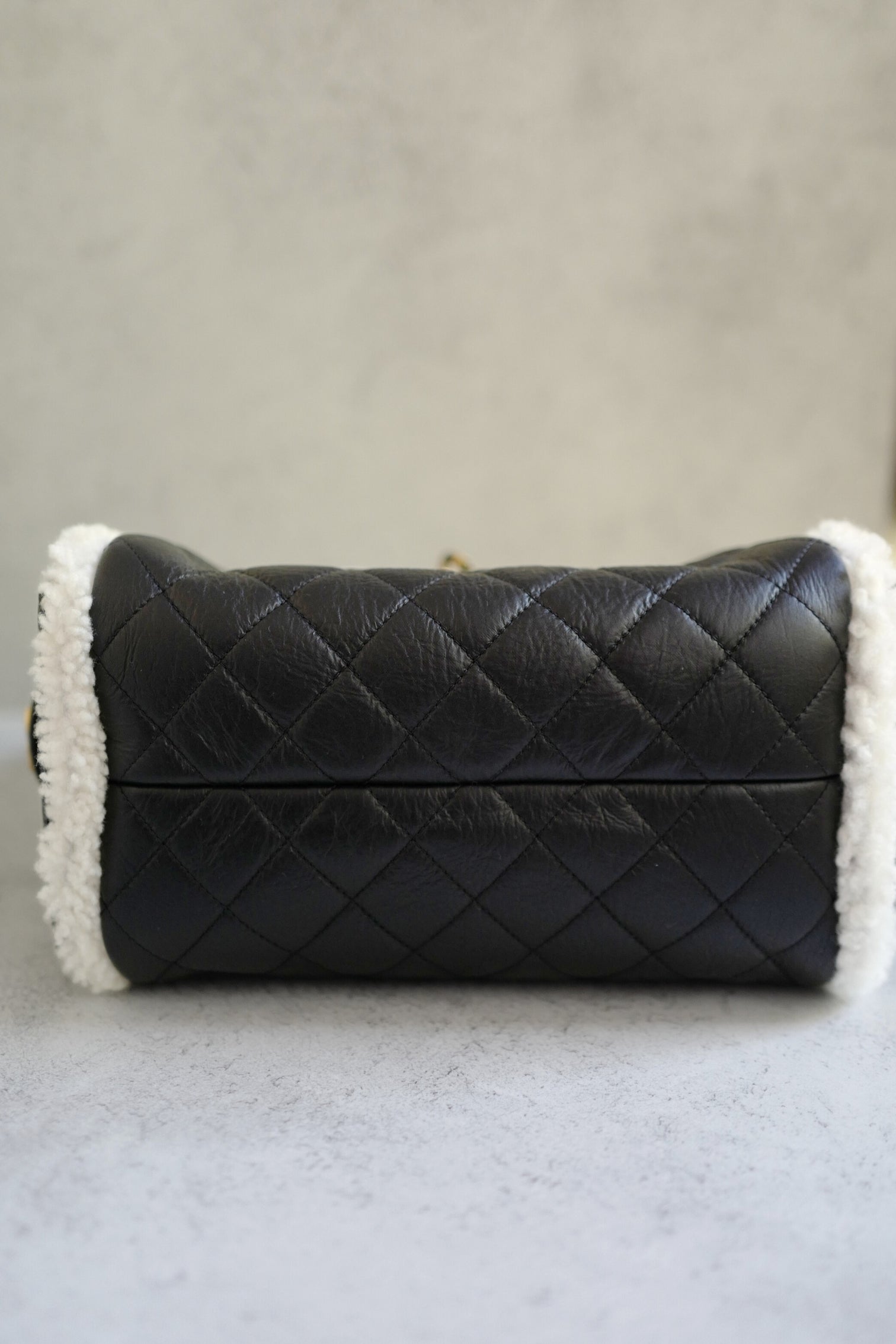 Chanel 25K Small Hobo Bag Black Calfskin with White Shearling Trim Gold Hardware