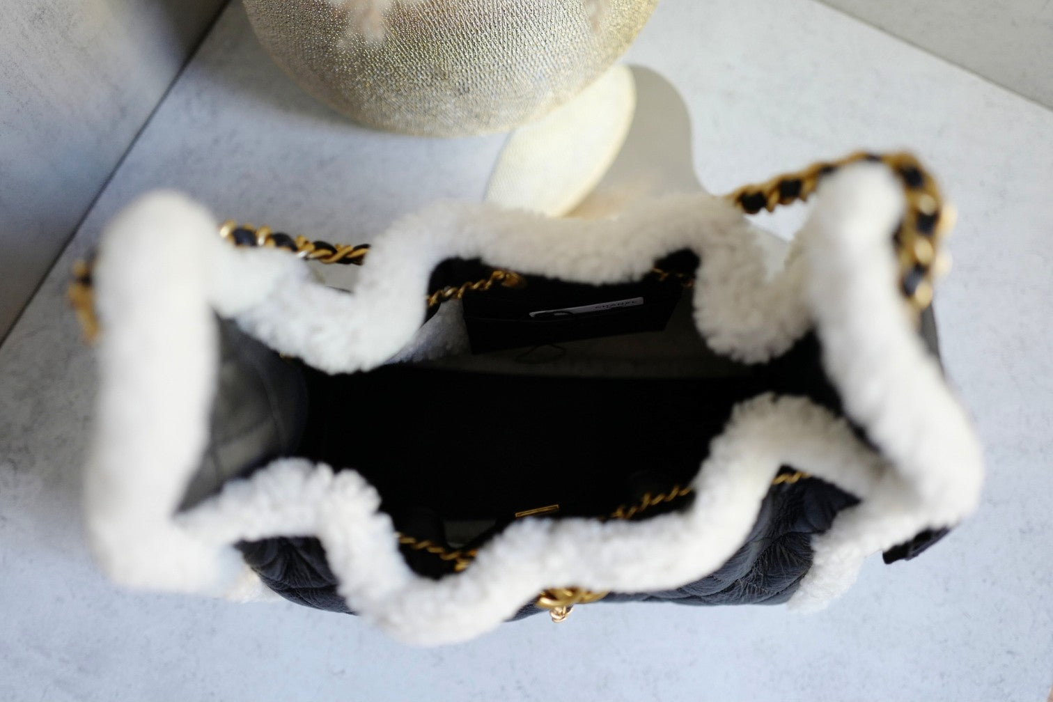 Chanel 25K Small Hobo Bag Black Calfskin with White Shearling Trim Gold Hardware