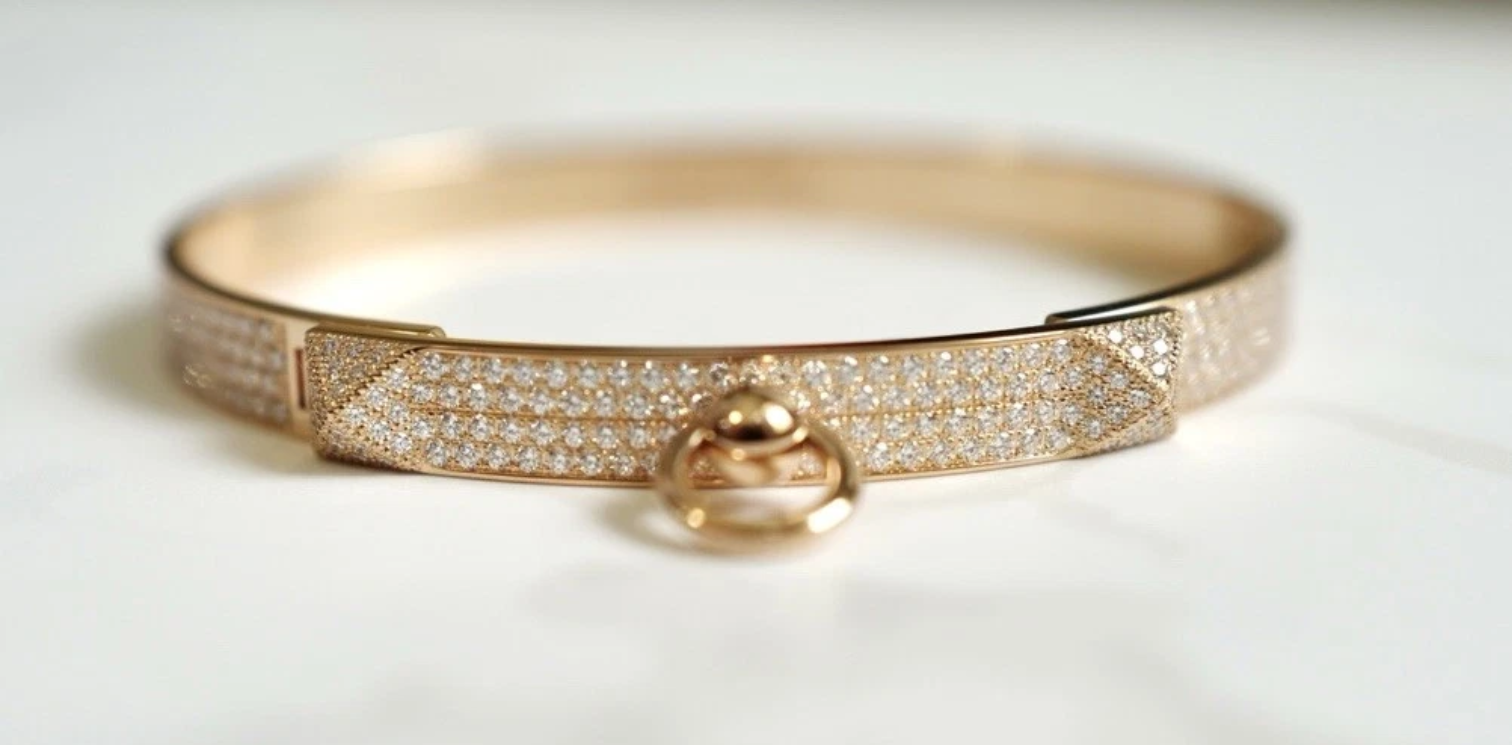 NEW Hermes Collier De Chien Bracelet Rose Gold Full Paved Diamond Small SH $60K