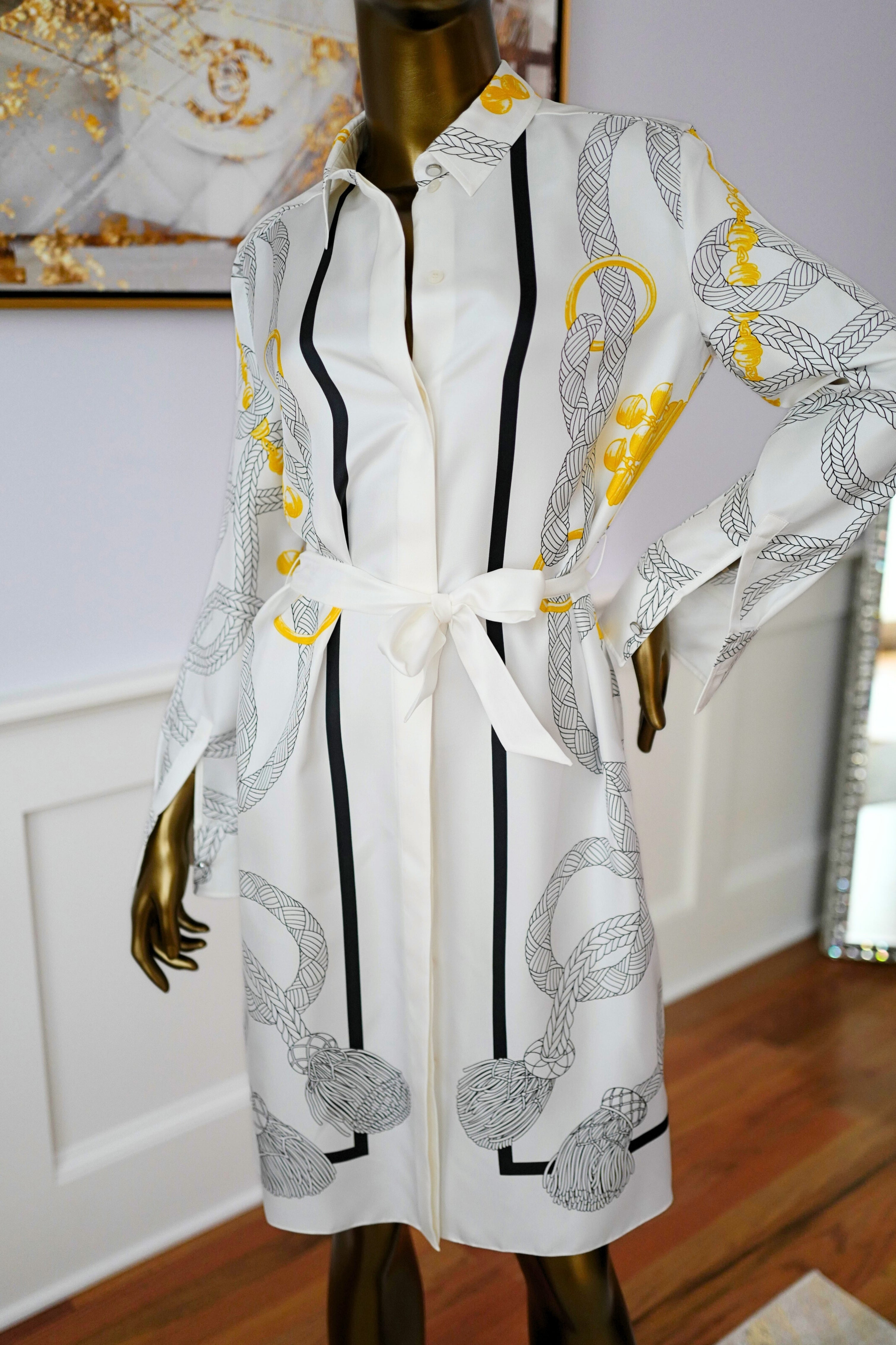 NEW Hermès "Palefroi Remix" Shirt Dress Blanc Nacre Silk Size 36