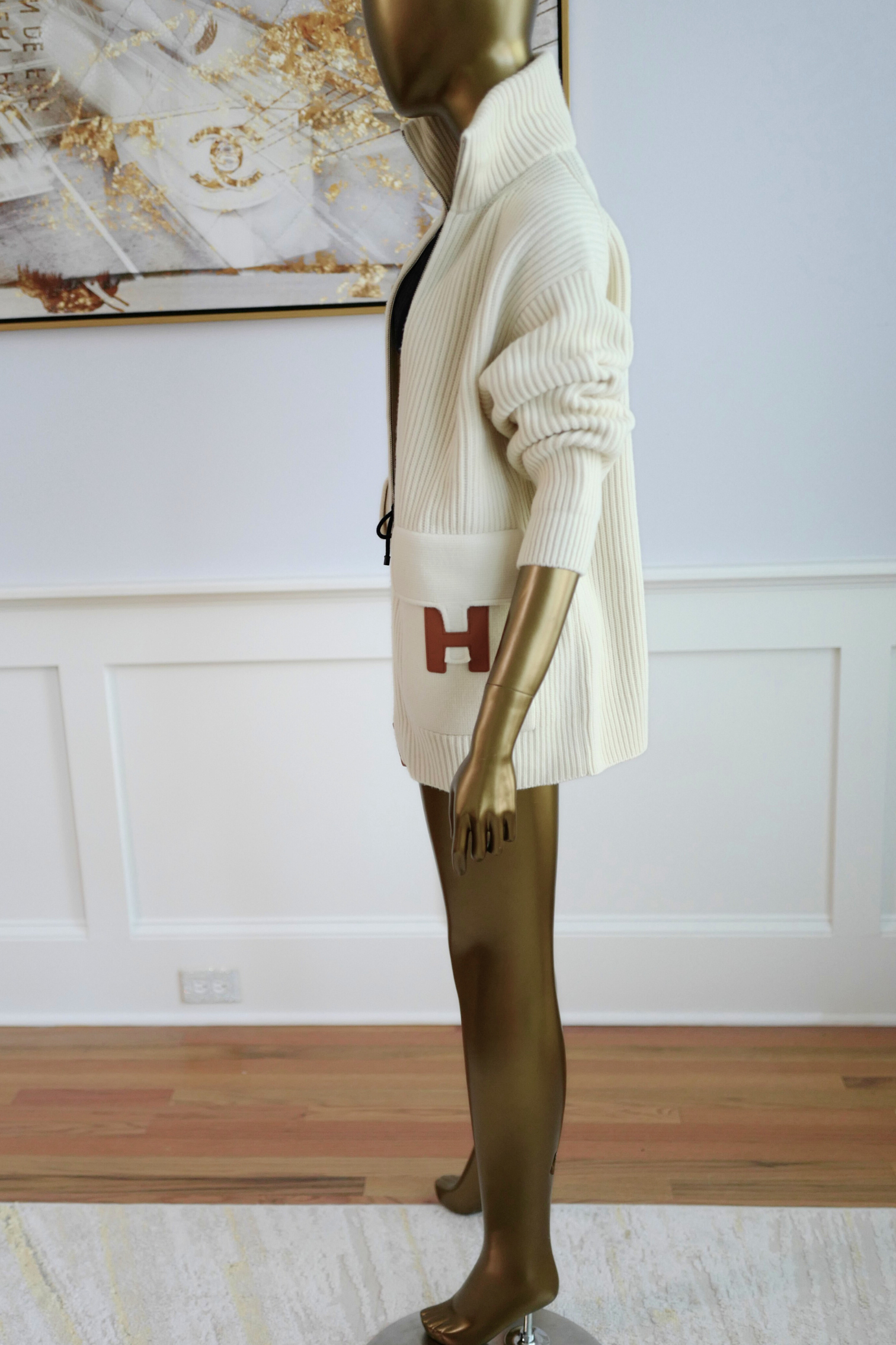 New Hermes Blouson Details Cuir cardigan Virgin Wool size 34