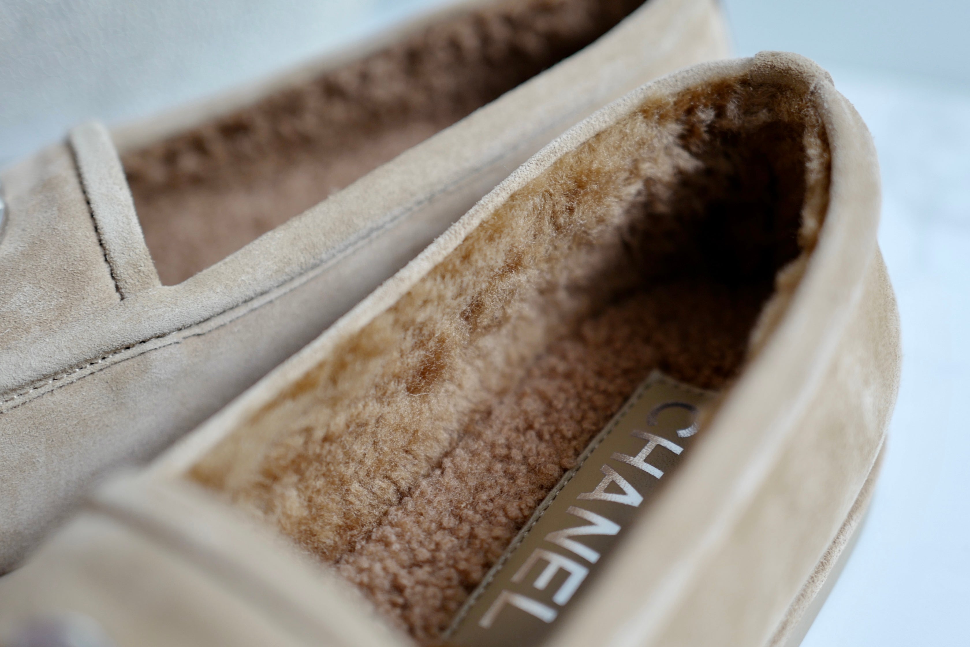 CHANEL 24K Shearling Lined Suede Calfskin CC Loafers Moccasins Shoes Size 38