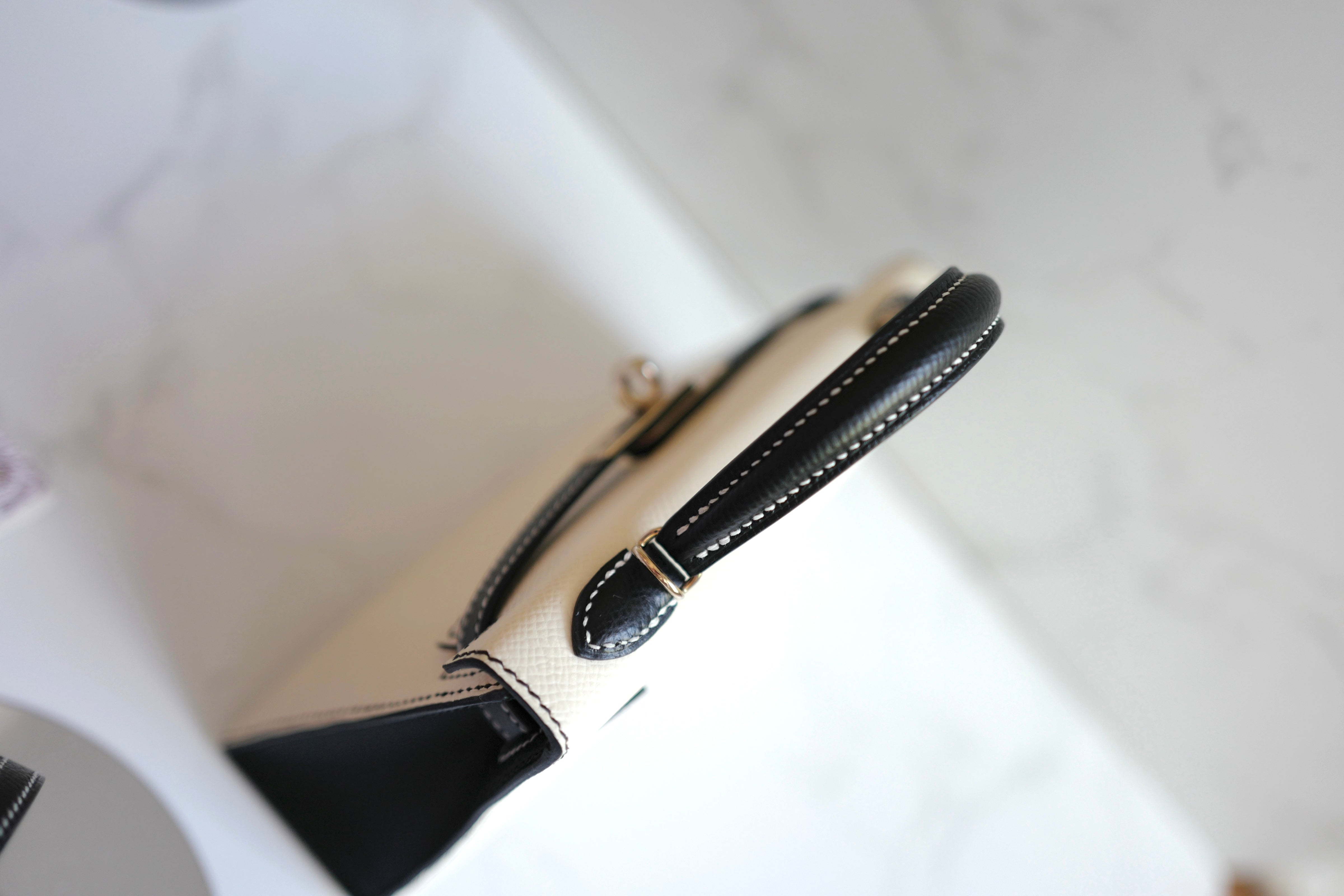 New Hermes Mini kelly 20 HSS Craie/Noir Black Epsom Permabrass HW 2023 Complete