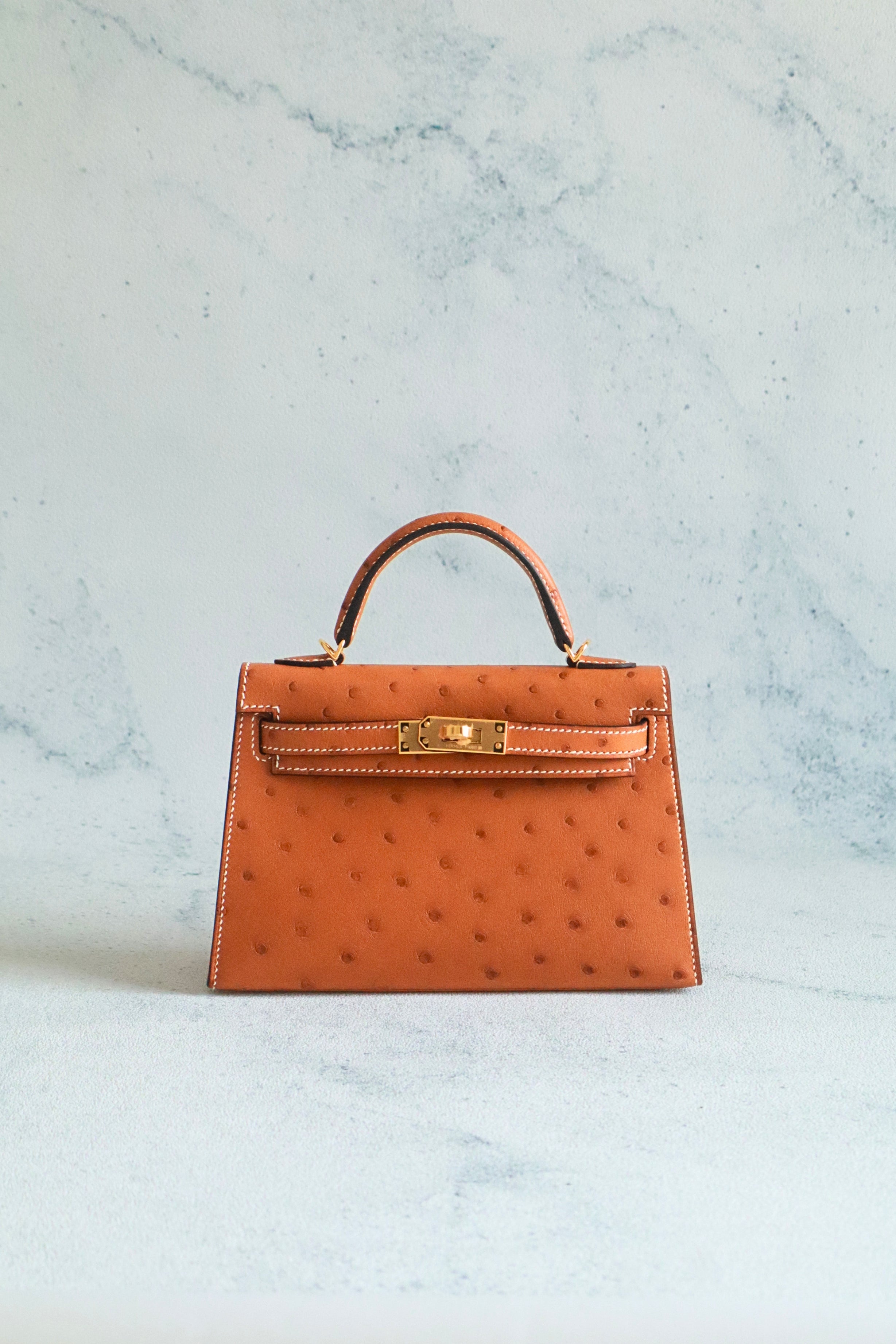 BNIB Hermes Mini Kelly HSS Cognac Ostrich with Craie Stitching GHW G Stamp 2026